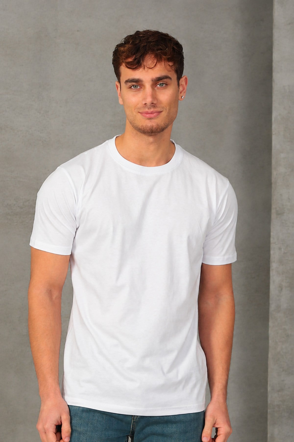 Erkek Slim Fit Bisiklet Yaka %100 Pamuk Dar Kesim Beyaz Basic Tişört
