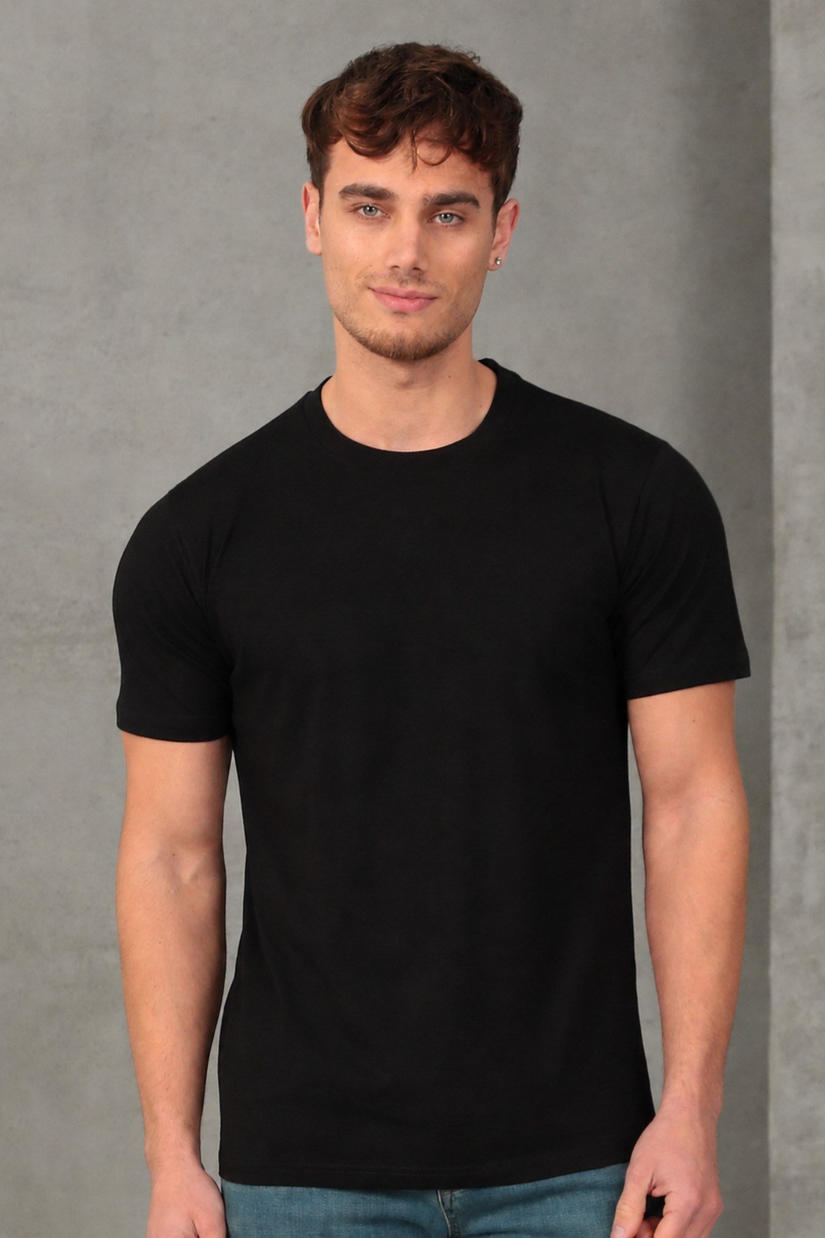 Erkek Slim Fit Bisiklet Yaka %100 Pamuk Dar Kesim Siyah Basic Tişört