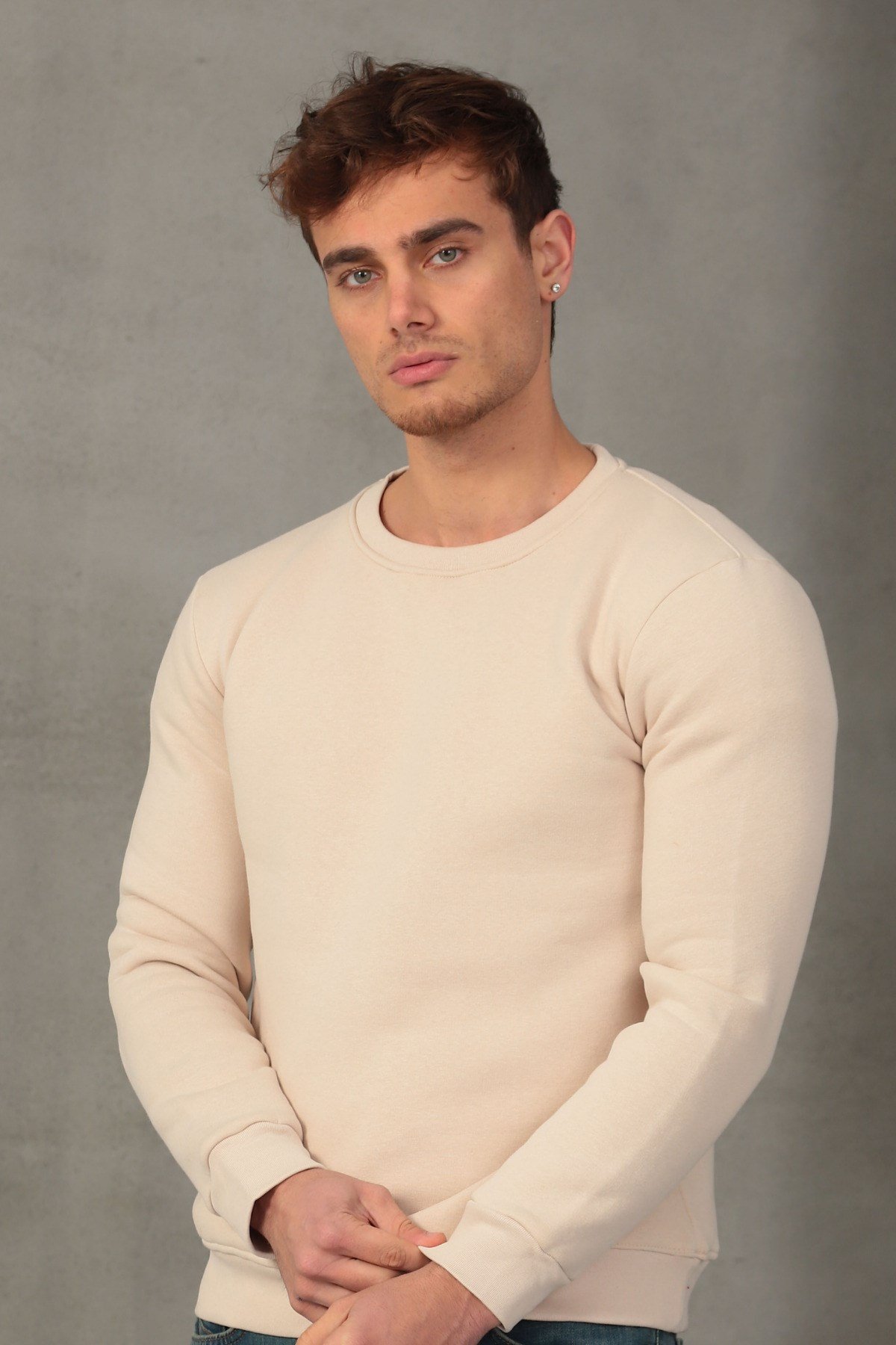 Unisex Relax Fit Rahat Kesim Pamuklu Yumuşak Dokulu İçi Polarlı Basic Ekru Bisiklet Yaka Sweatshirt