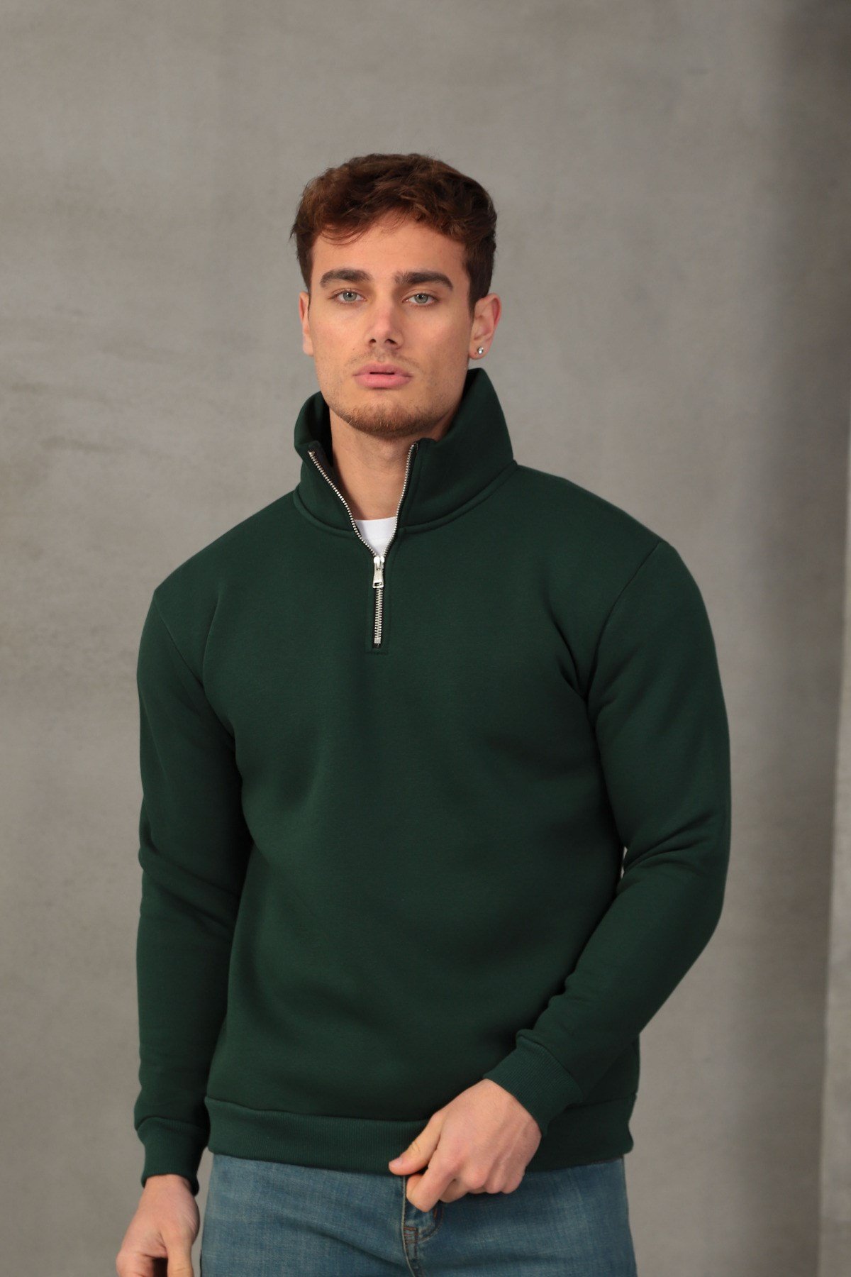 Unisex Relax Fit Rahat Kesim Yumuşak Dokulu İçi Polarlı Yarım Fermuarlı Dik Yaka Sweatshirt