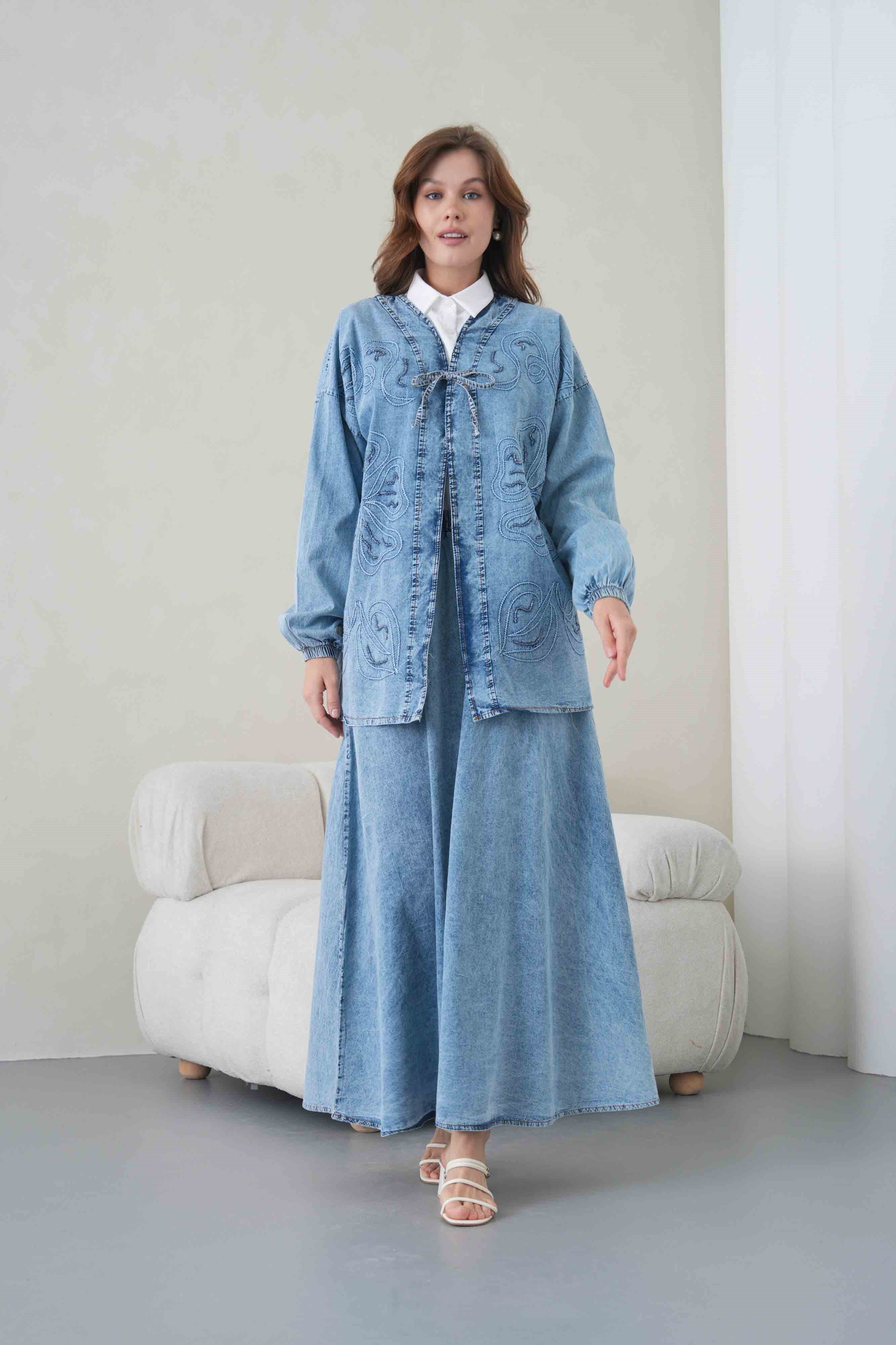 Meyra İşlemeli Kot Kimono Etekli Takım - Açık Mavi