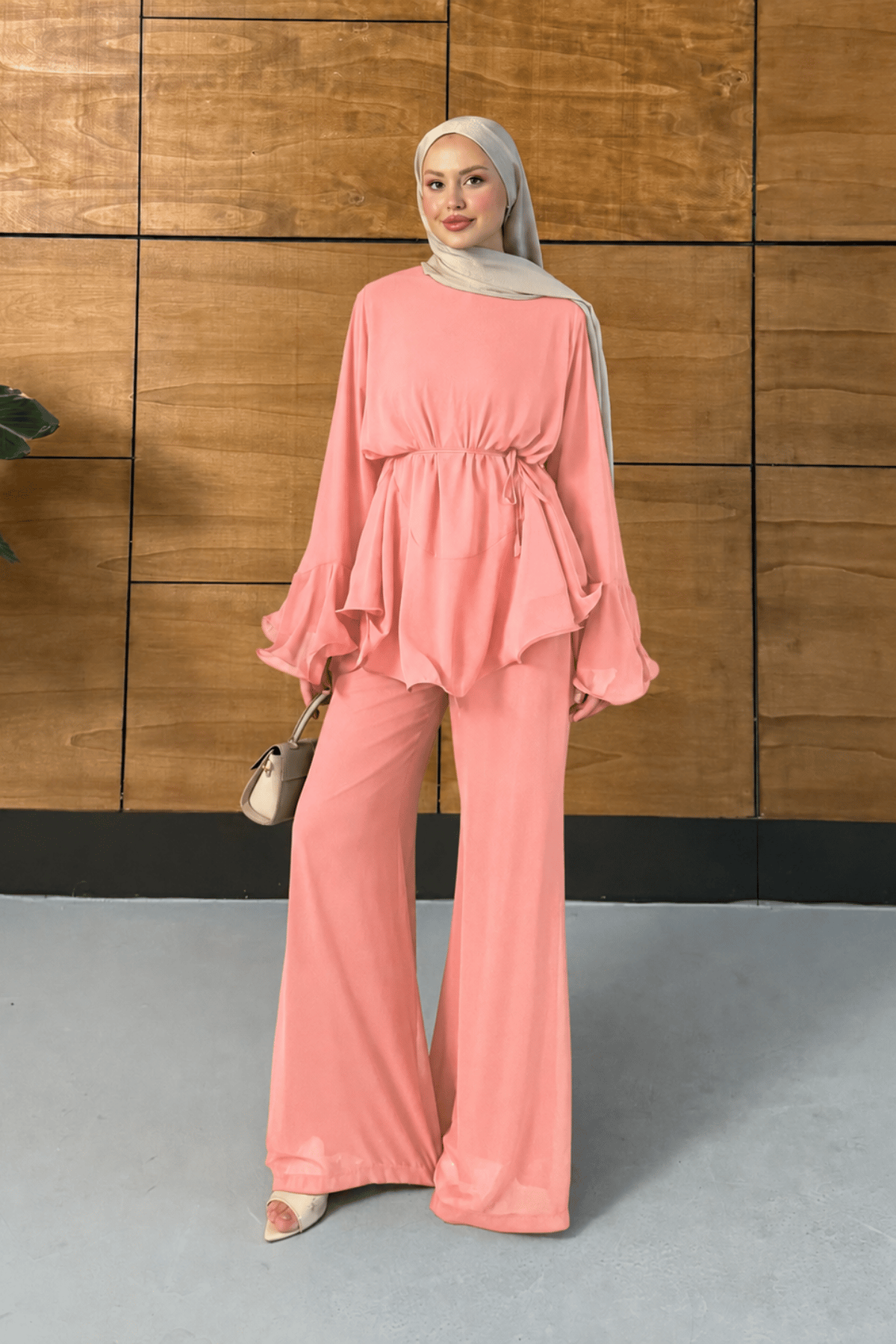 Sorel Volanlı Şifon Takım - Pembe