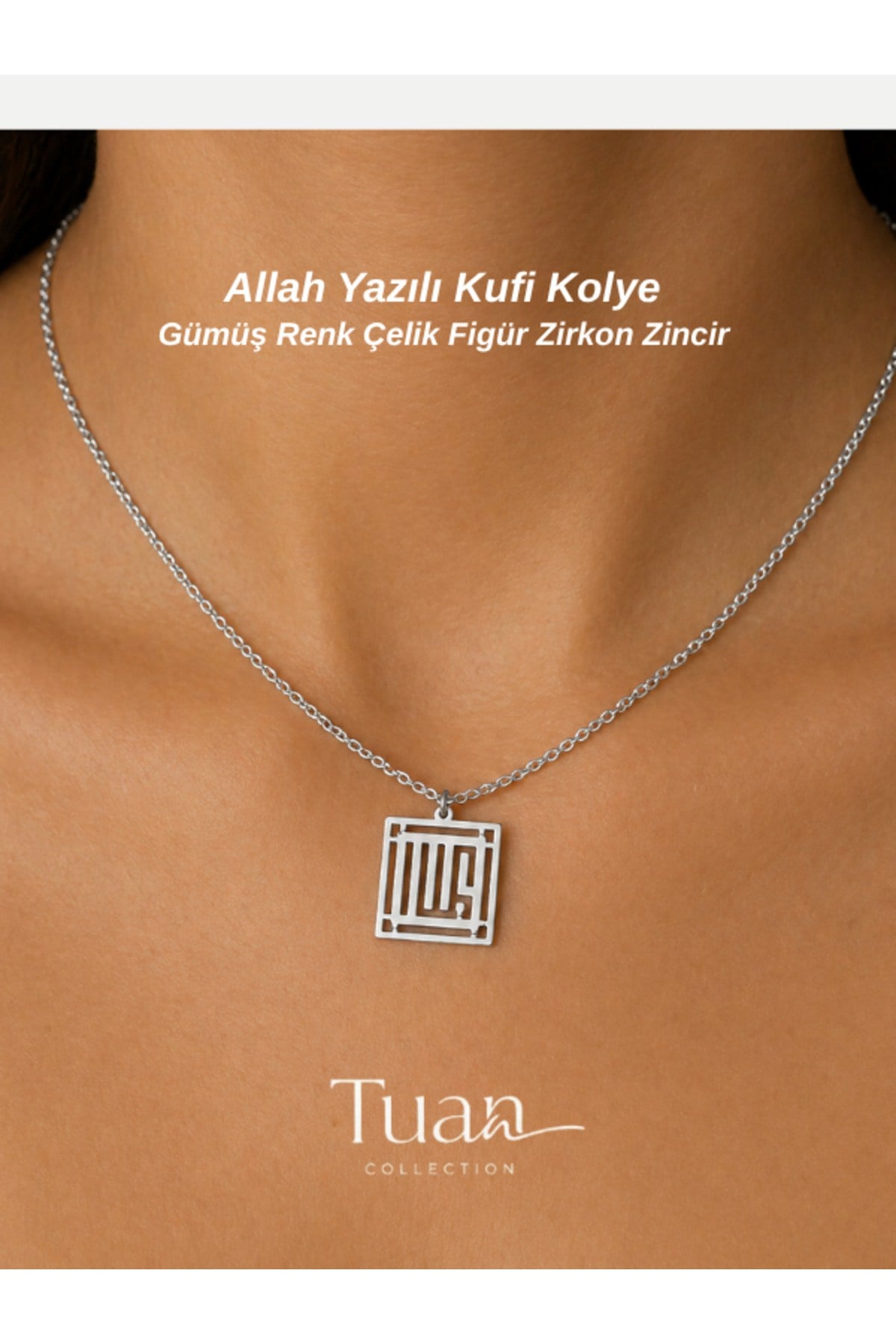 Allah Yazılı Kufi Çelik Kolye Zirkon Kaplama Zincir Maneviyat Kolye Allah Yazılı Kufi Gümüş Renk