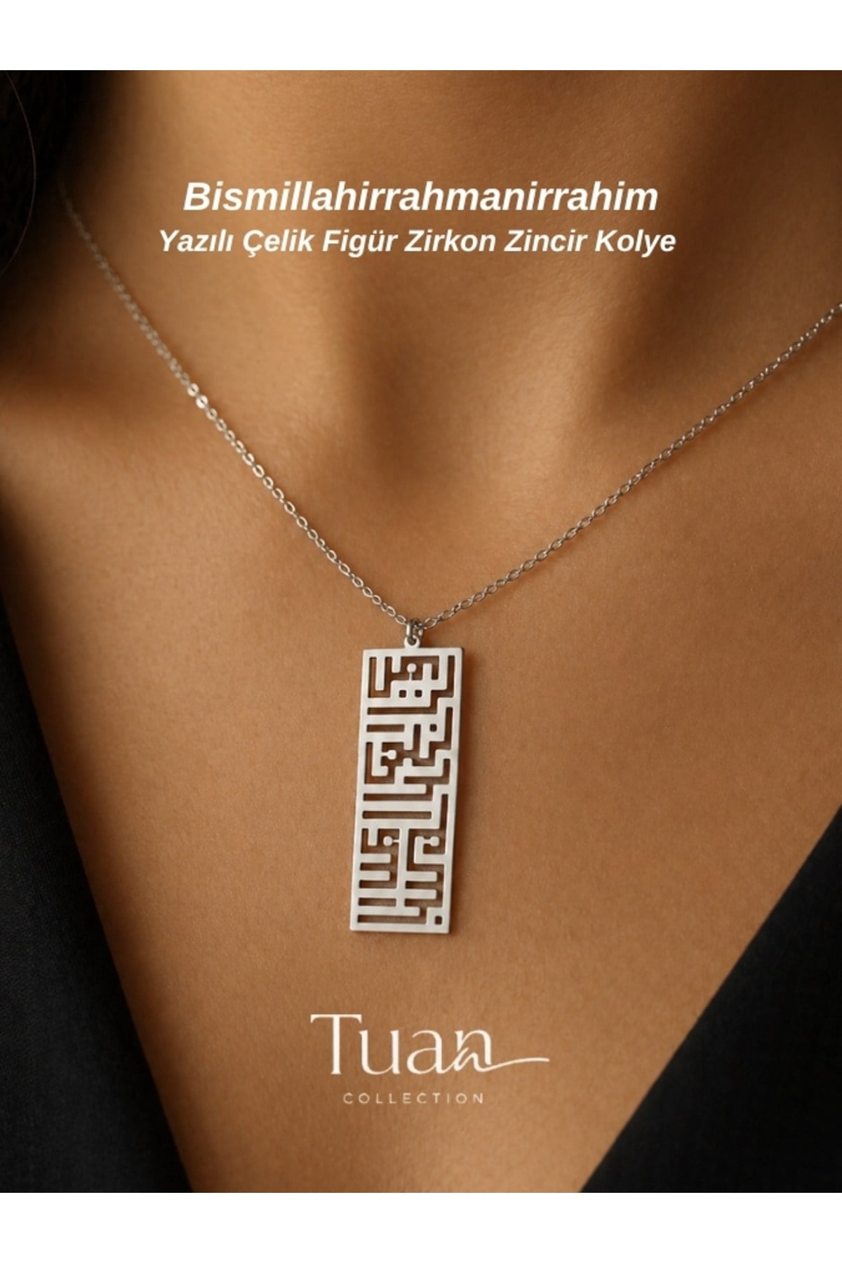 Bismillahirrahmanirrahim Yazılı Kufi Çelik Sembol Zirkon Kaplama Zincir Nazara Karşı Gümüş Renk