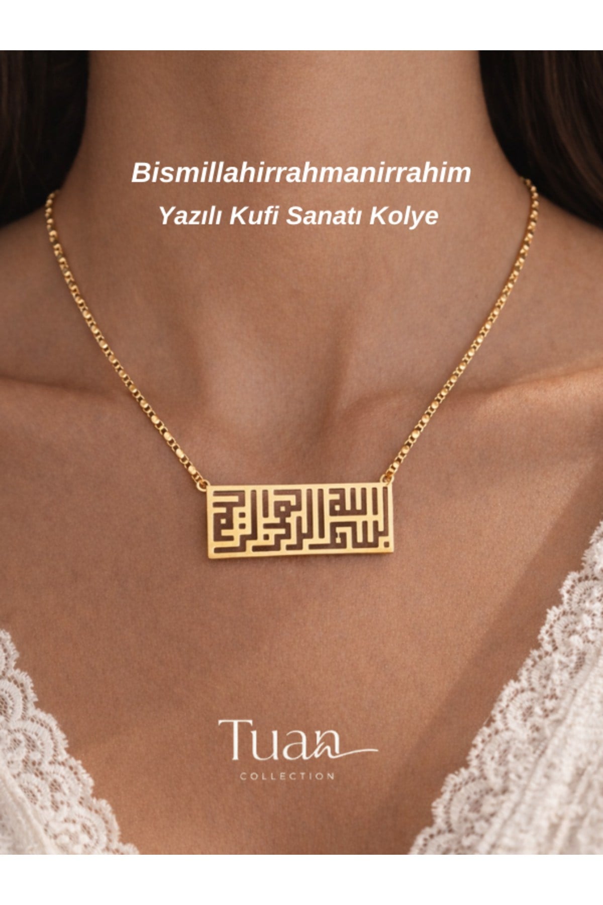 Bismillahirrahmanirrahim Yazılı Yatay Kufi Çelik Sembol Zirkon Kaplama Zincir Nazara Karşı Bereket
