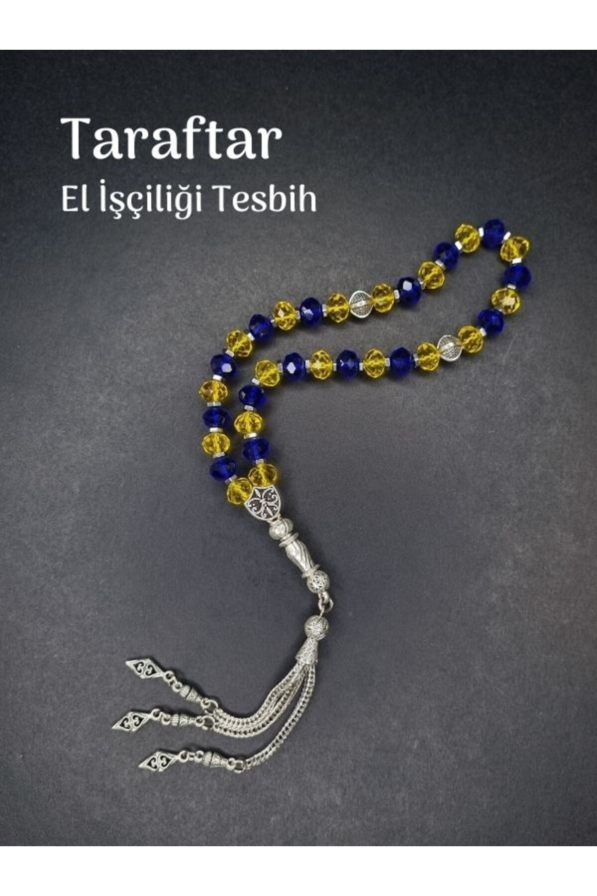 Fanatik Taraftar El İşçiliği Tesbih 8mm Hediye Sarı Lacivert Küp Kesim