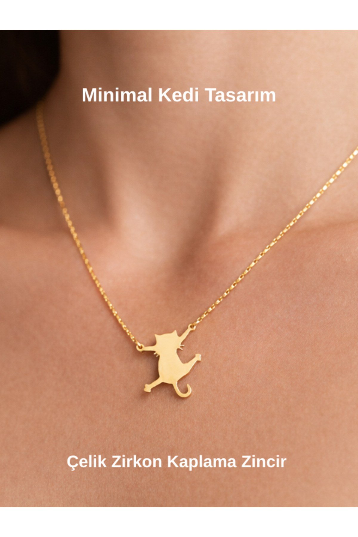 Kedi Figür Çelik Figür Zirkon Kaplama Zincir Kolye Kedi Gold Kolye