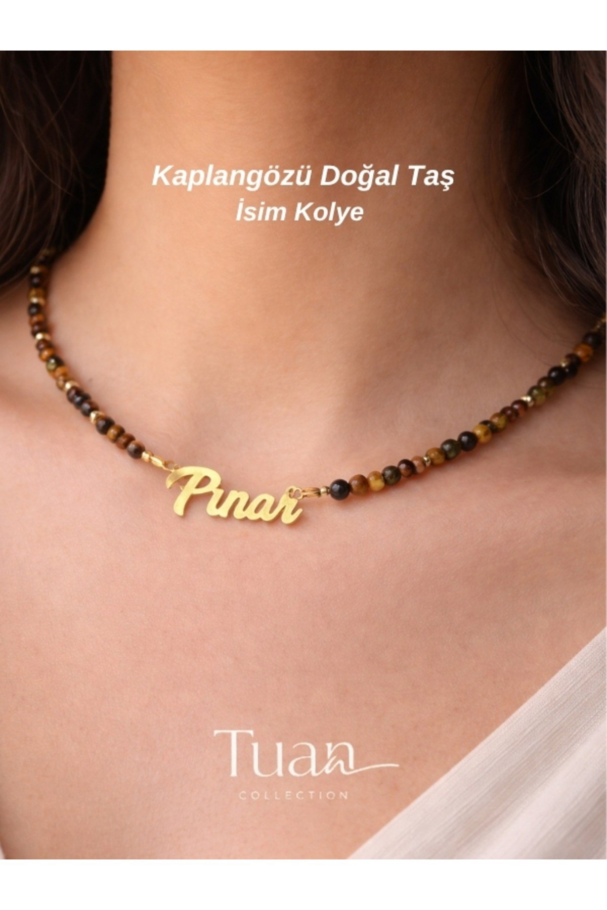 Özel Tasarım Kaplan Gözü Doğal Taş Çelik İsim Kolye Odaklanma, Kararlılık, Cesaret