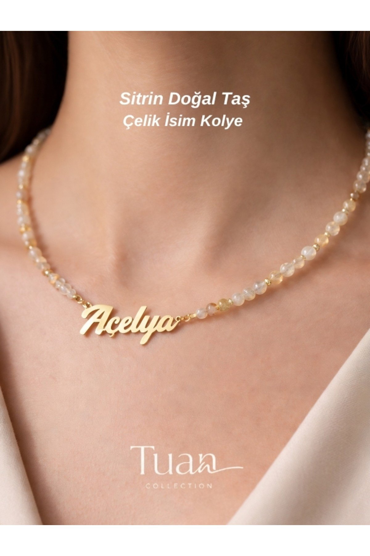 Özel Tasarım Sitrin Doğal Taş Çelik İsim Kolye Bolluk, Bereket, Motivasyon