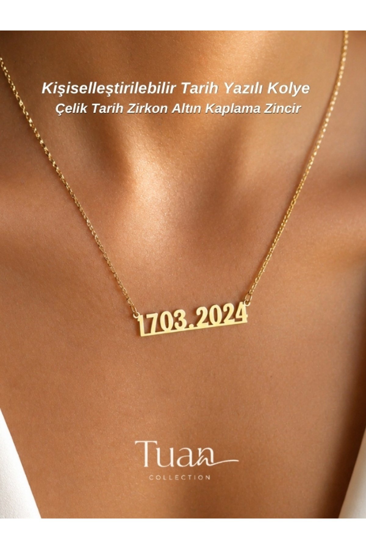 Tarih Yazılı Gold Çelik Tarih Zirkon Altın Kaplama Zincir Kişiselleştirilebilir Kolye