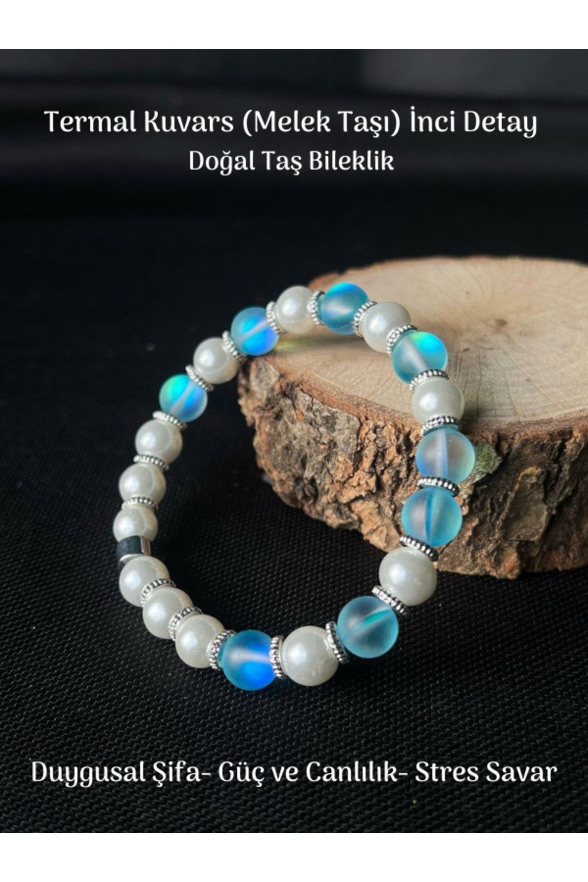 Yüksek Kalite Termal Kuvars (Melek Taşı) ve İnci Detay Doğal Taş Bileklik Enerji Dengeleme