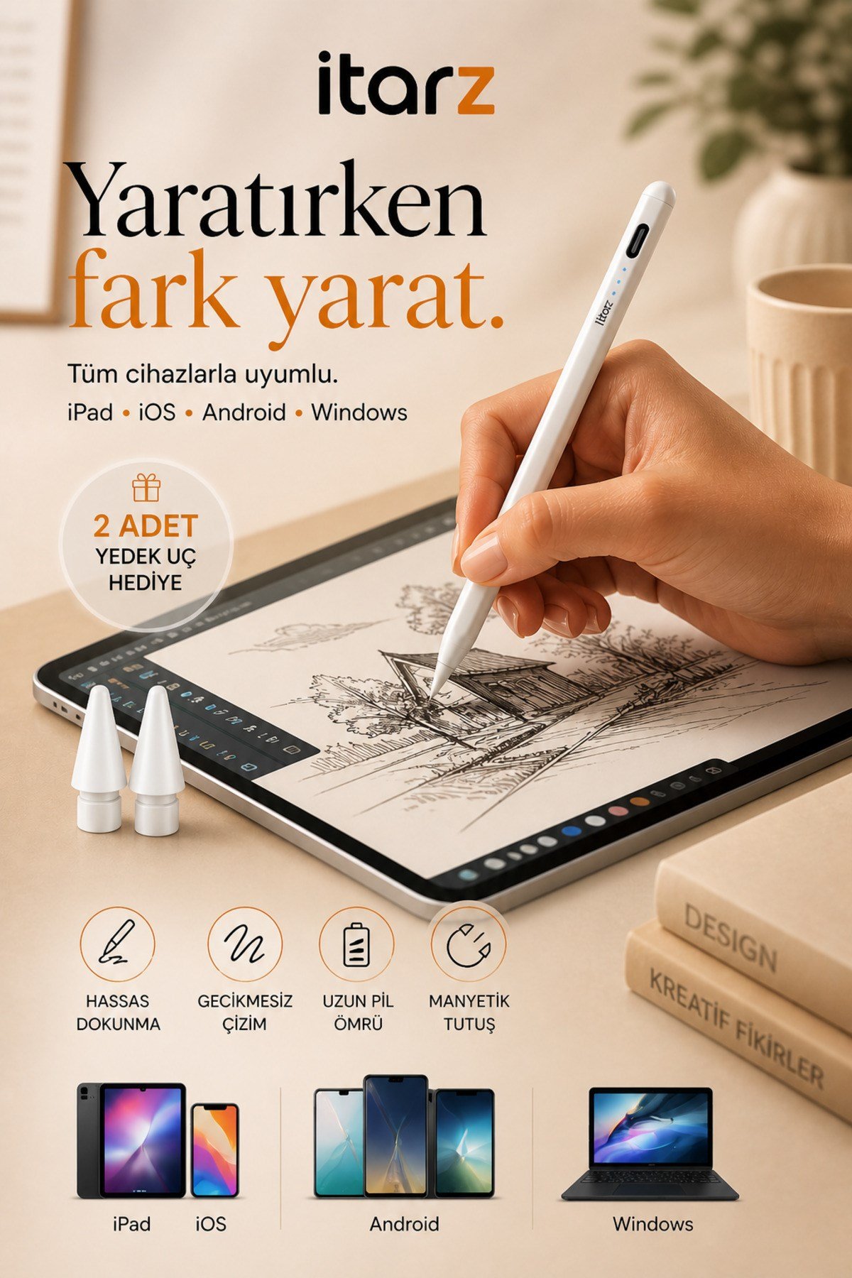 Dokunmatik Çizim Kalemi Pad iOS Android Windows Uyumlu Şarjlı Stylus Kalem 2 Yedek Uç Hediye