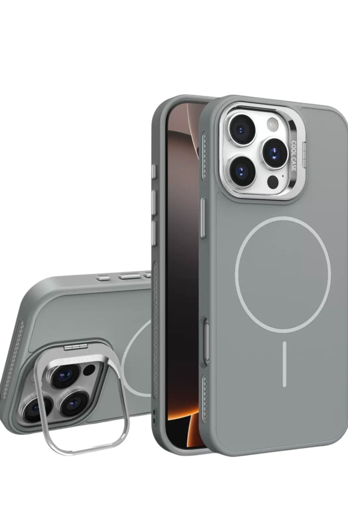 Iphone 13 Pro Uyumlu MagSafeli Kamera Korumalı Standlı Gri Kılıf, Mat Soft Dokulu Premium Seri
