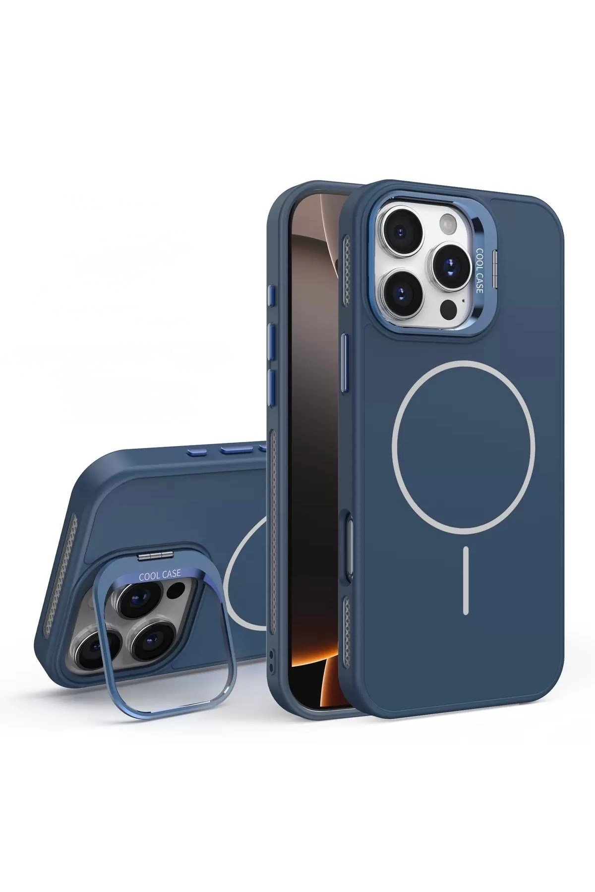 Iphone 14 Pro Uyumlu MagSafeli Mavi Kamera Korumalı Standlı Kılıf, Mat Soft Dokulu Premium Seri