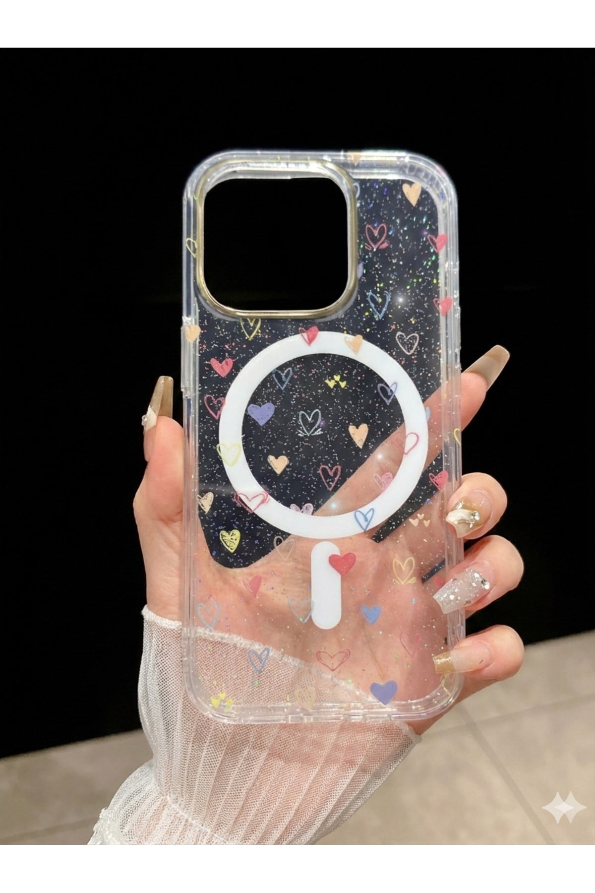 Iphone 14 Uyumlu Magsafeli, Şeffaf Simli, Renkli Kalp Desenli, Darbe Koruma Kılıf