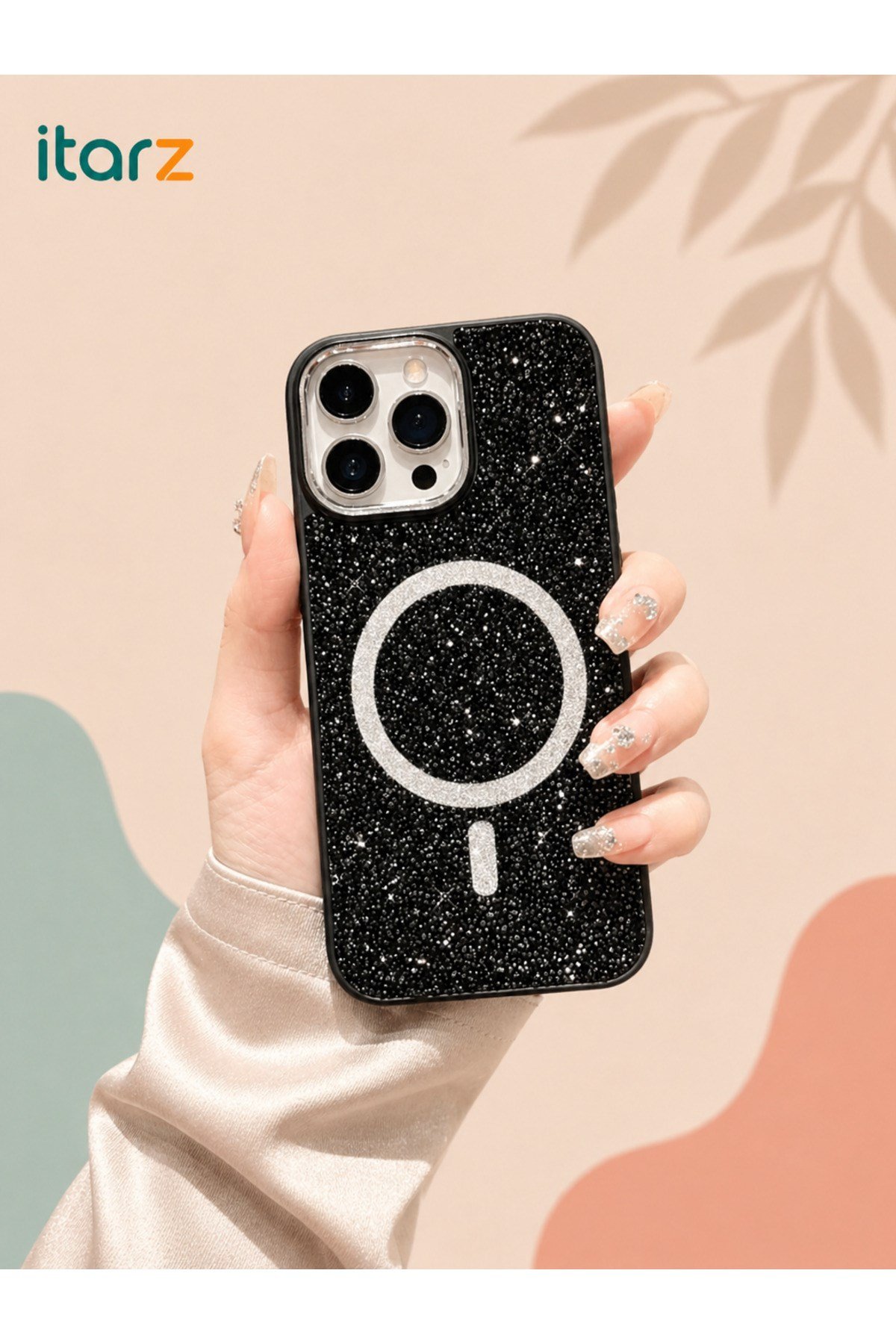 Iphone 15 Pro Uyumlu Siyah Lüks MagSafeli Premium Kristal Taşlı Işıltılı Kılıf