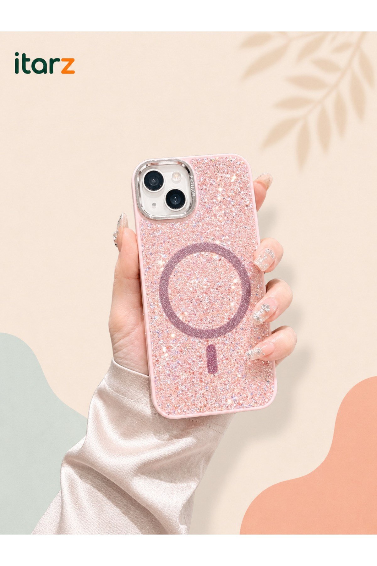 Iphone 15 Uyumlu Pembe Lüks MagSafeli Premium Kristal Taşlı Işıltılı Kılıf