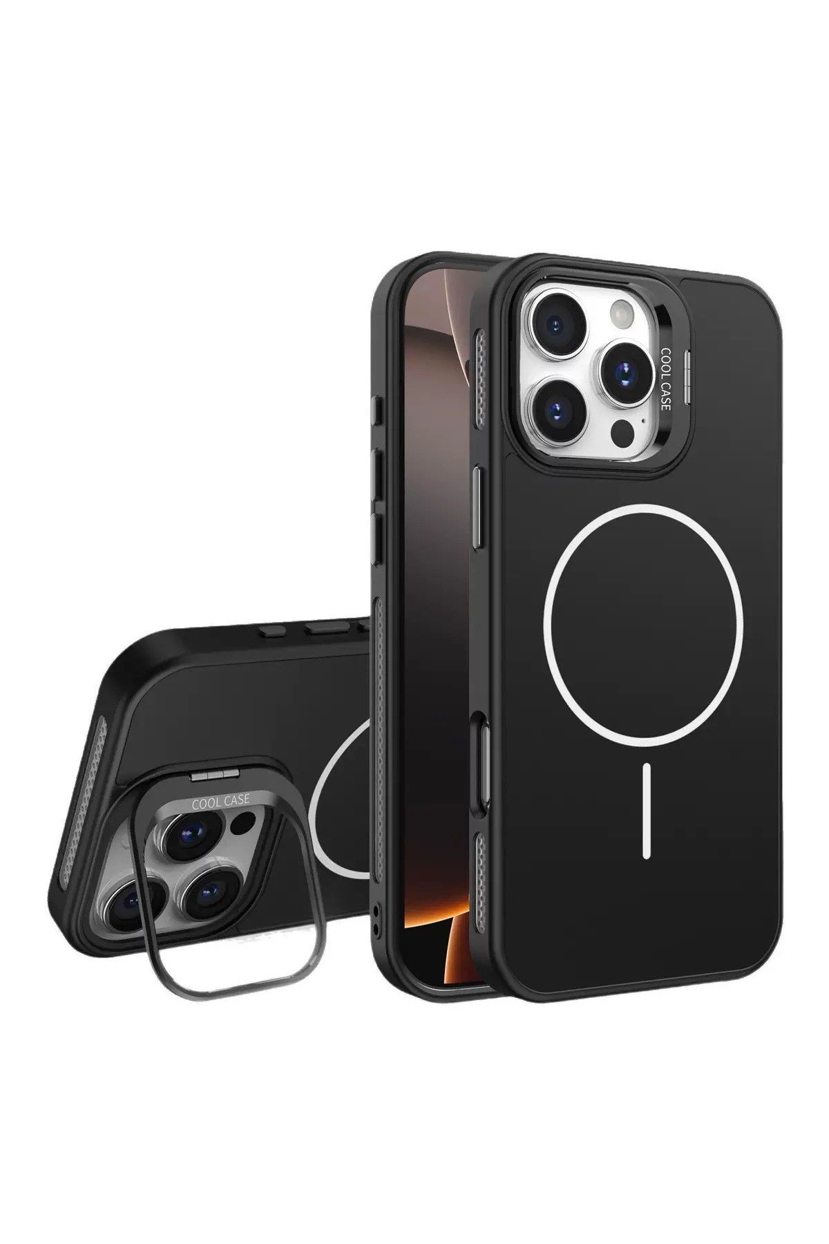 Iphone 16 Pro Uyumlu MagSafeli Siyah Kamera Korumalı Standlı Kılıf, Mat Soft Dokulu Premium Seri
