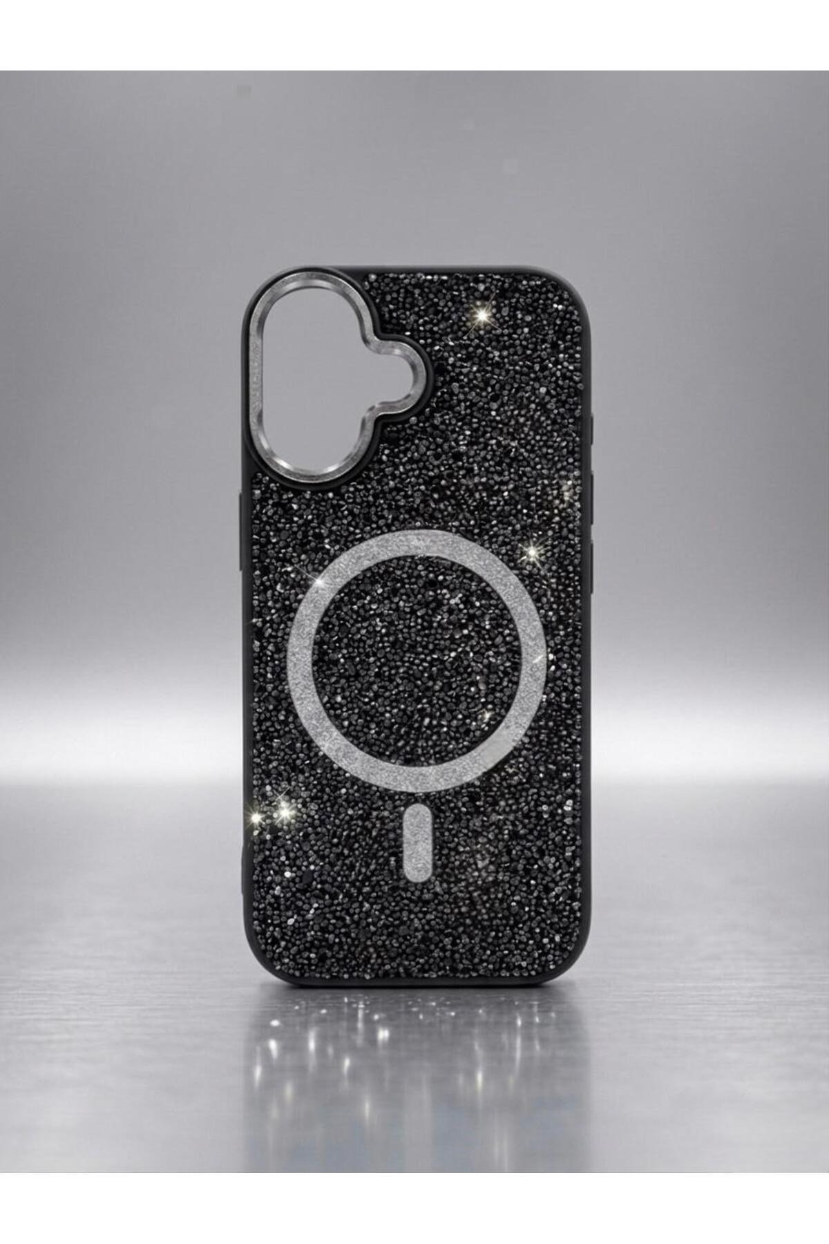 iPhone 16 Uyumlu, Siyah, MagSafe Özellikli Premium Simli Taşlı Parlak Kılıf