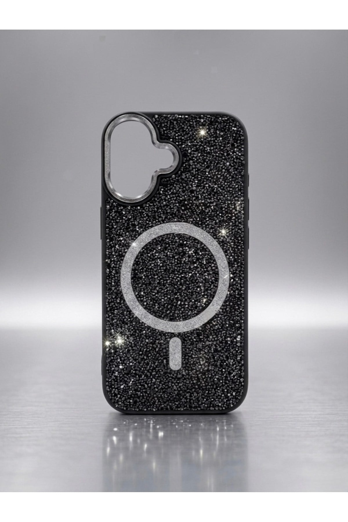 iPhone 17 Uyumlu, Siyah, MagSafe Özellikli Premium Simli Taşlı Parlak Kılıf