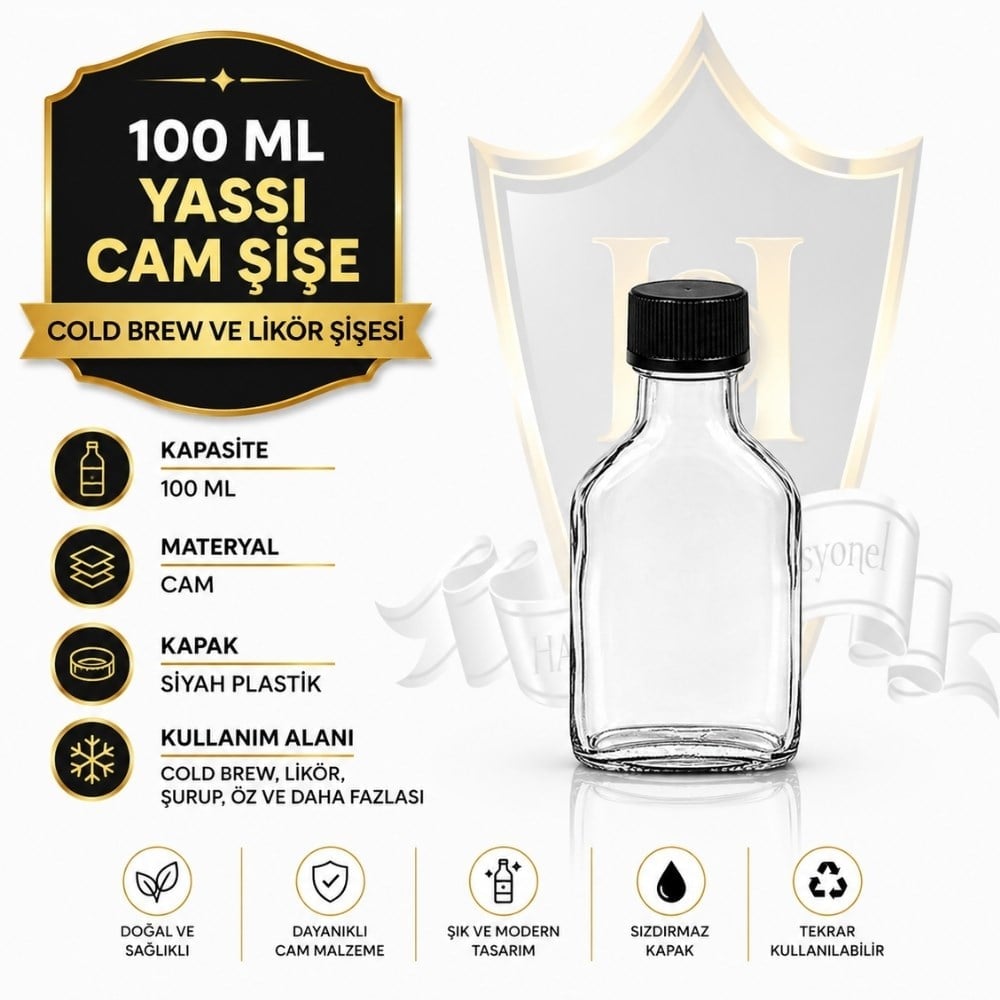 100 ml Yassı Cam Şişe – Cold Brew & Likör Şişesi Metal Kapak