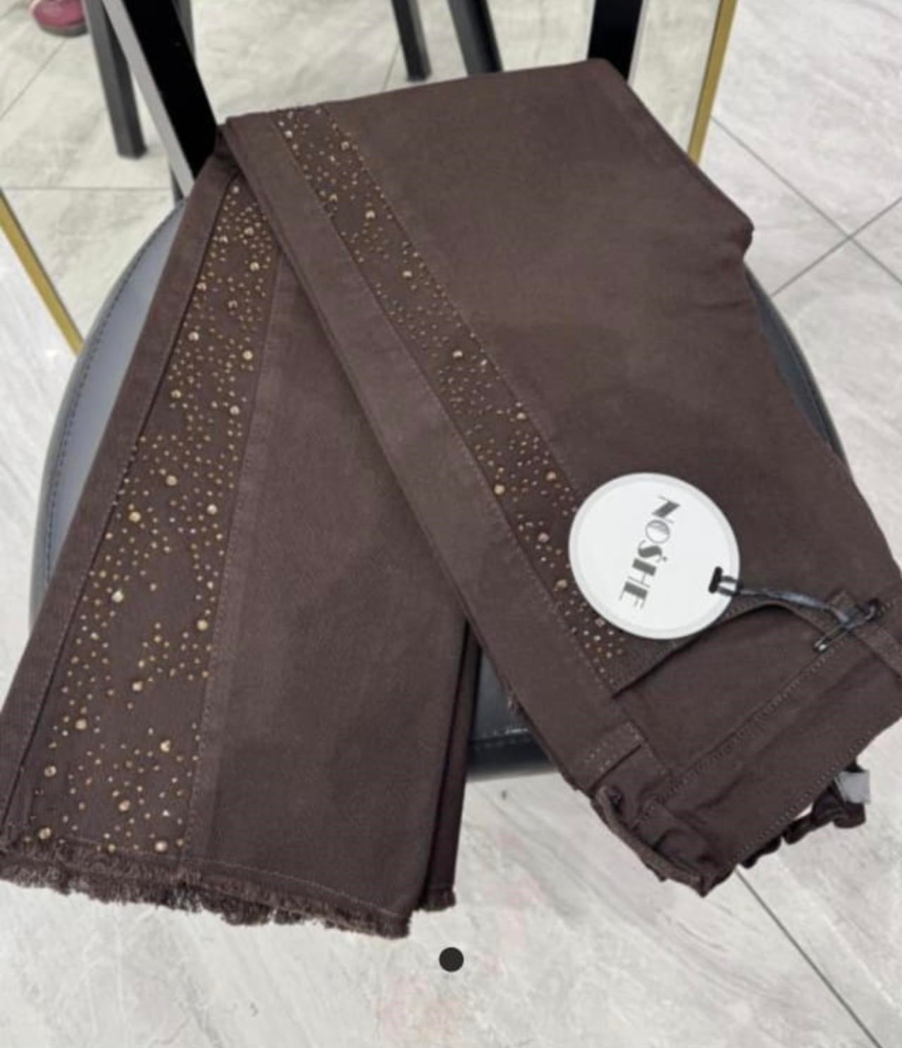FULL LİKRALI TAŞLI DENİM KOT PANTOLON KAHVERENGİ