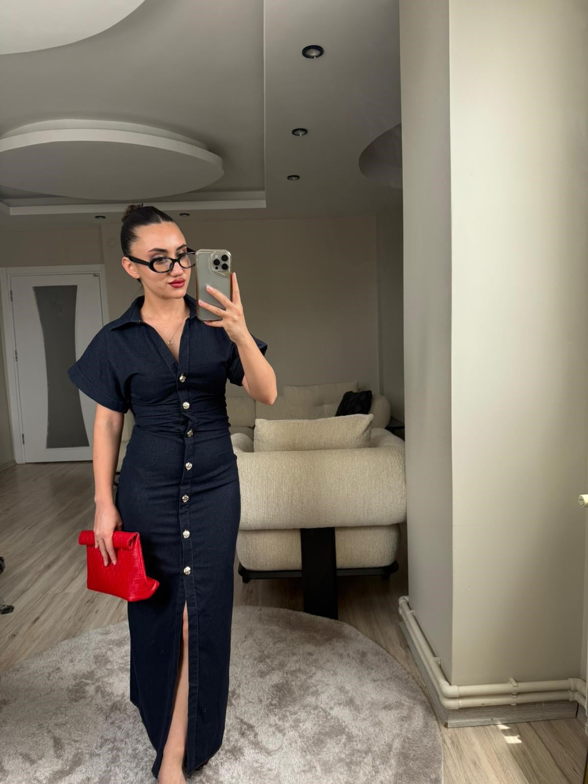 Belden Oturmalı Denim Elbise - LF016