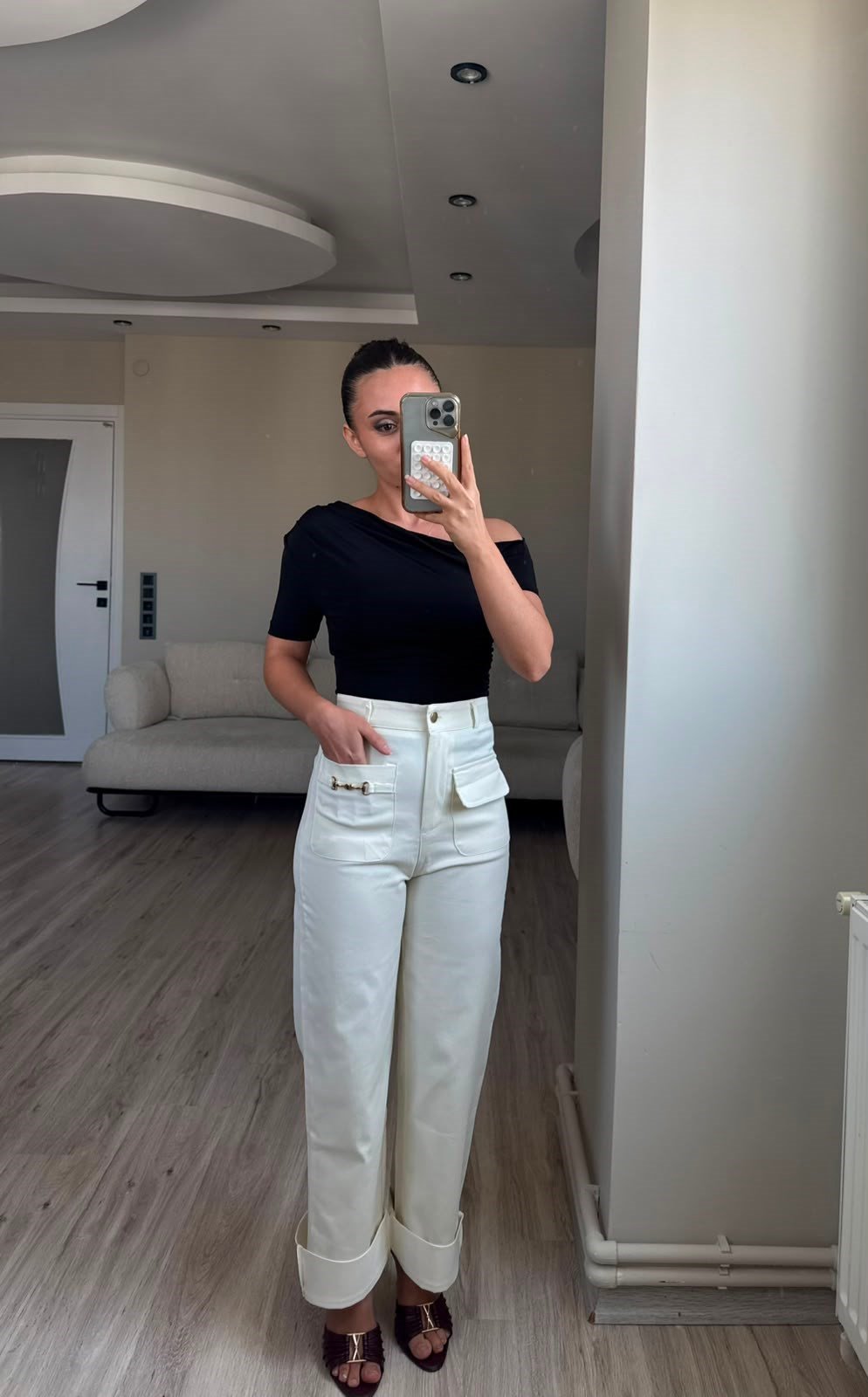 GOLD TOKA DETAYLI DOUBLE PAÇA YÜKSEK BEL PANTOLON- LF067