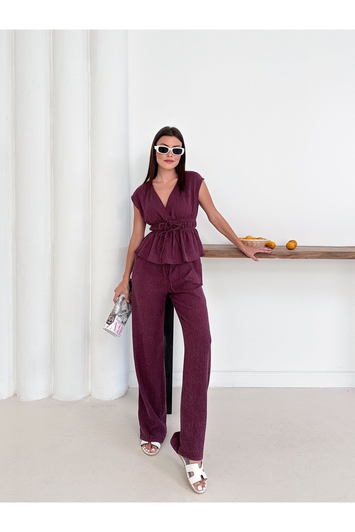 Kadın Bordo Bel Büzgü ve Bağcık Detaylı Bluz Pantolon Takım