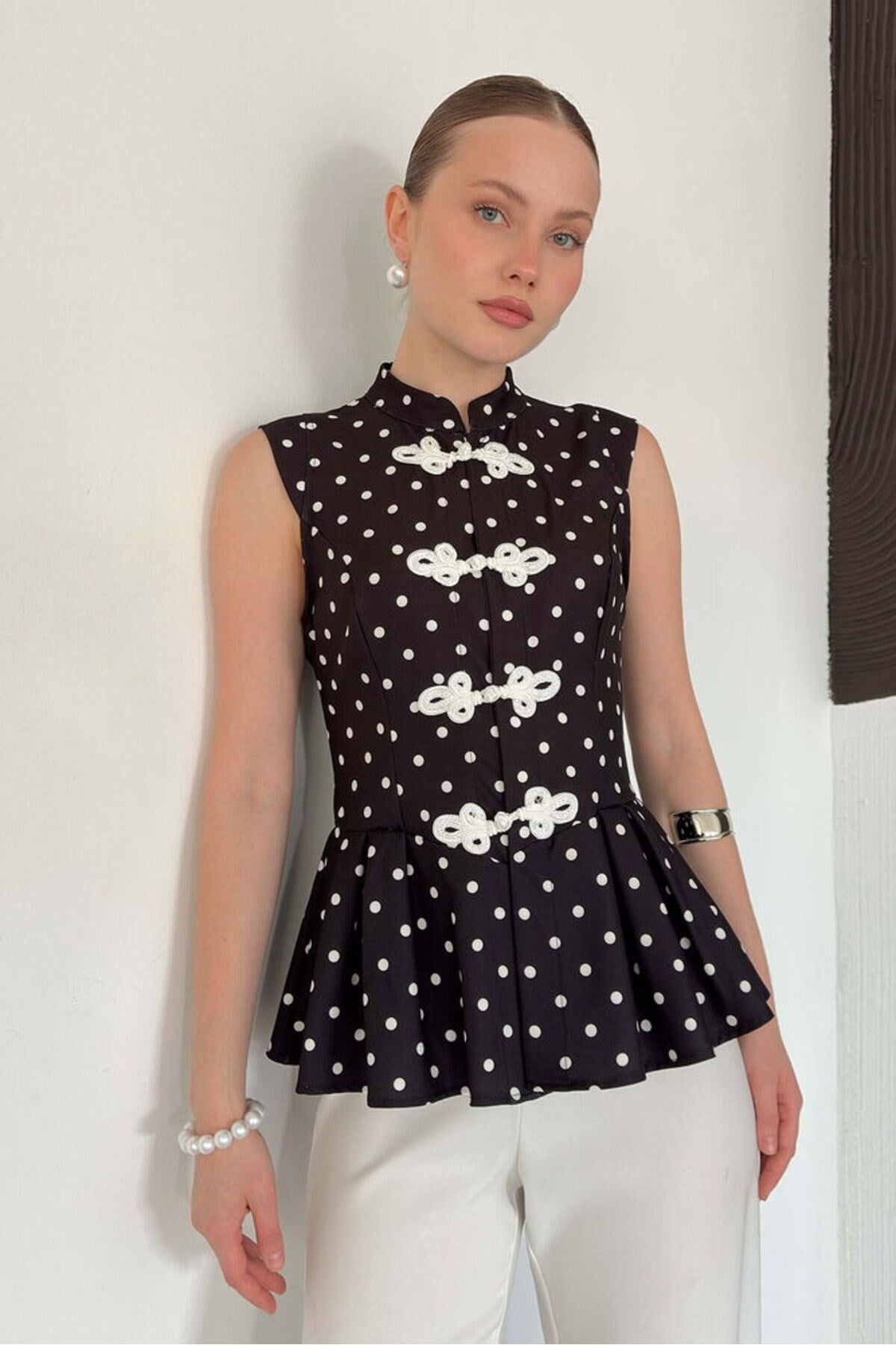 Kadın Çin Düğmeli Puantiyeli Bluz