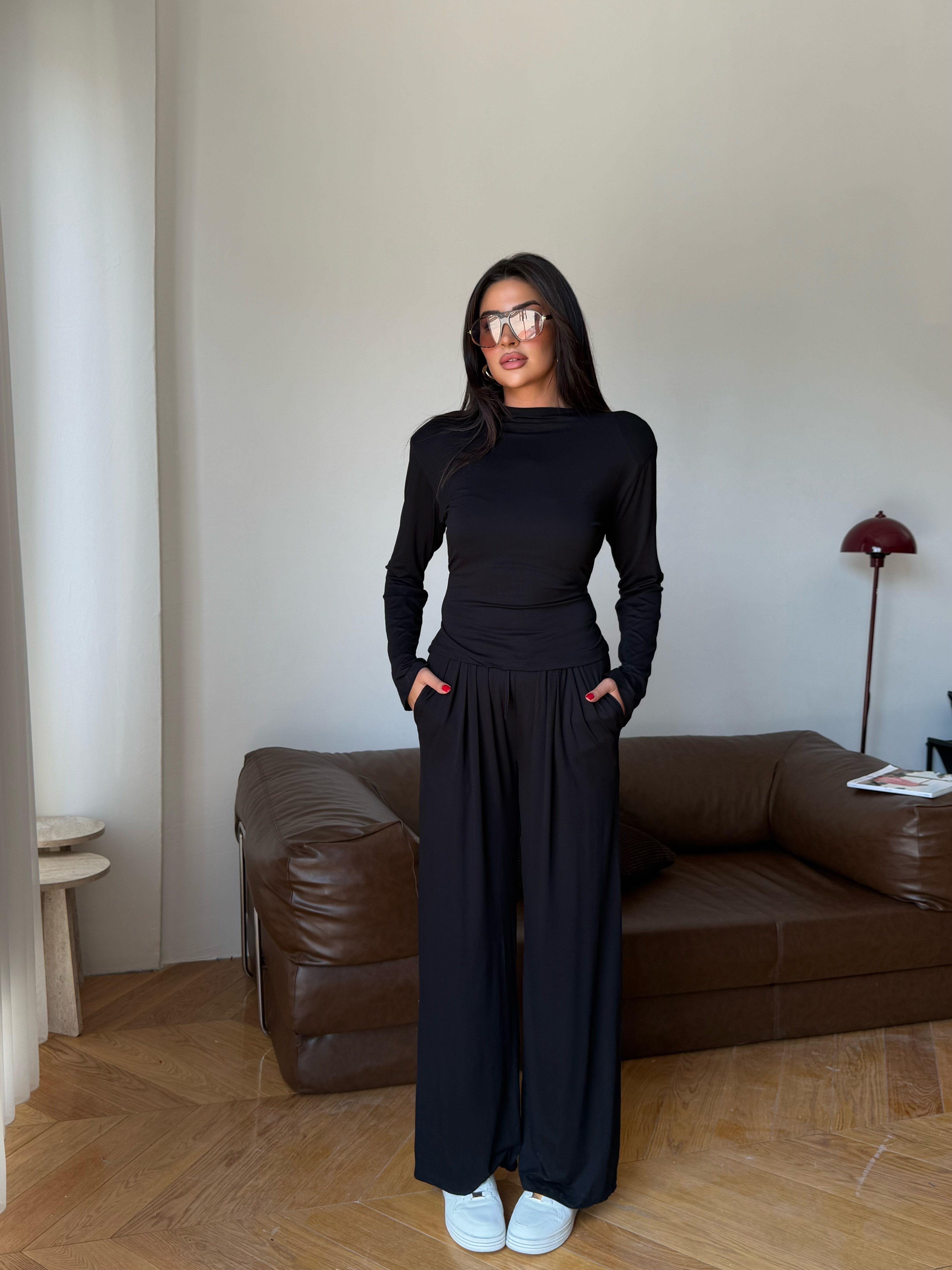 Kadın Siyah Belden Bağlamalı İkili Takım