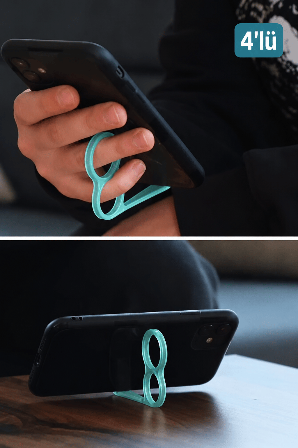 4 Adet Parmak Halkalı Telefon Tutucu & Telefon Standı – Tek Elle Kullanım - Turkuaz