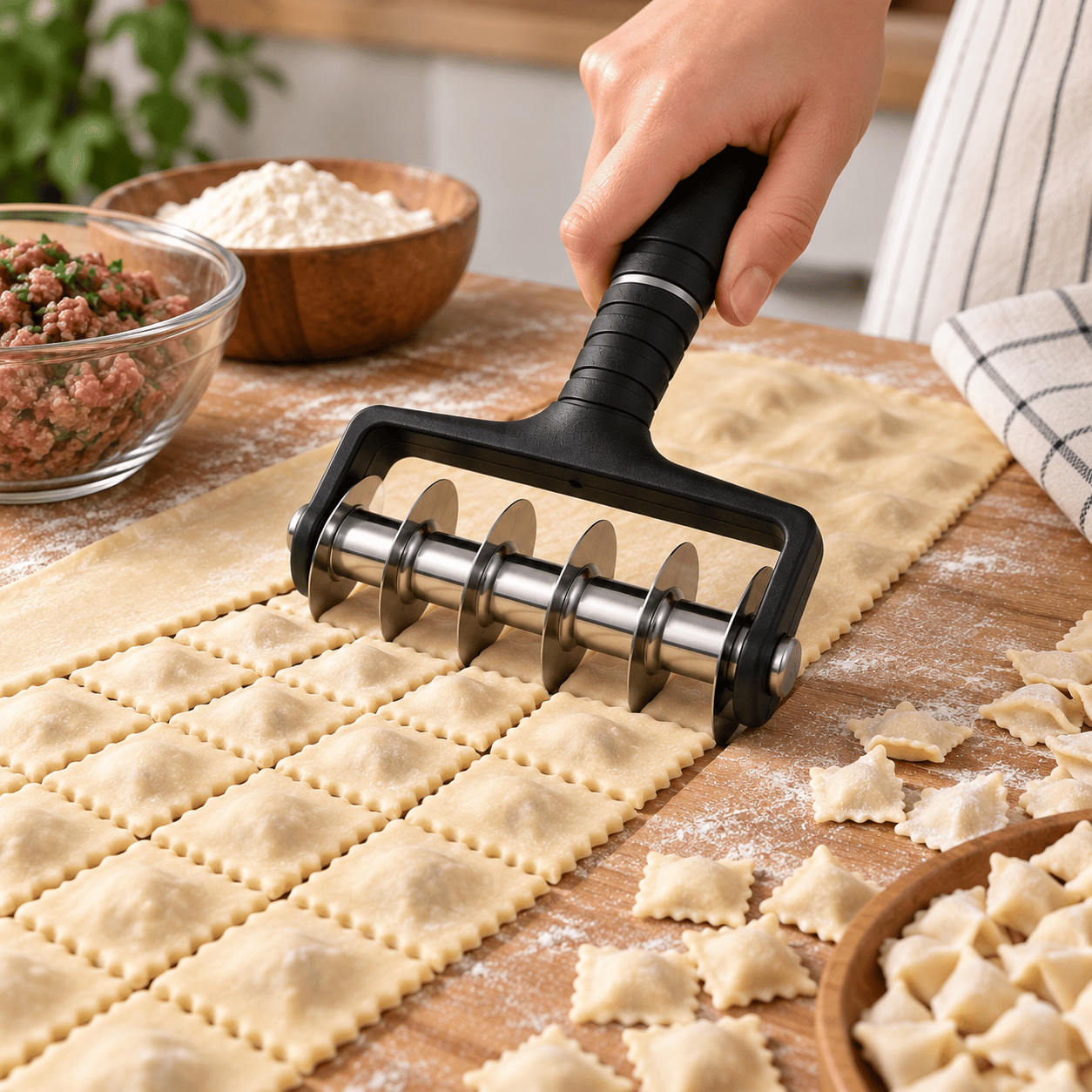 HUMAS Çoklu Hamur Kesme Rulosu – Mantı, Erişte ve Hamur Şeritleri İçin Pratik Kesici Rulet, Ergonomik Saplı Mutfak Aparatı