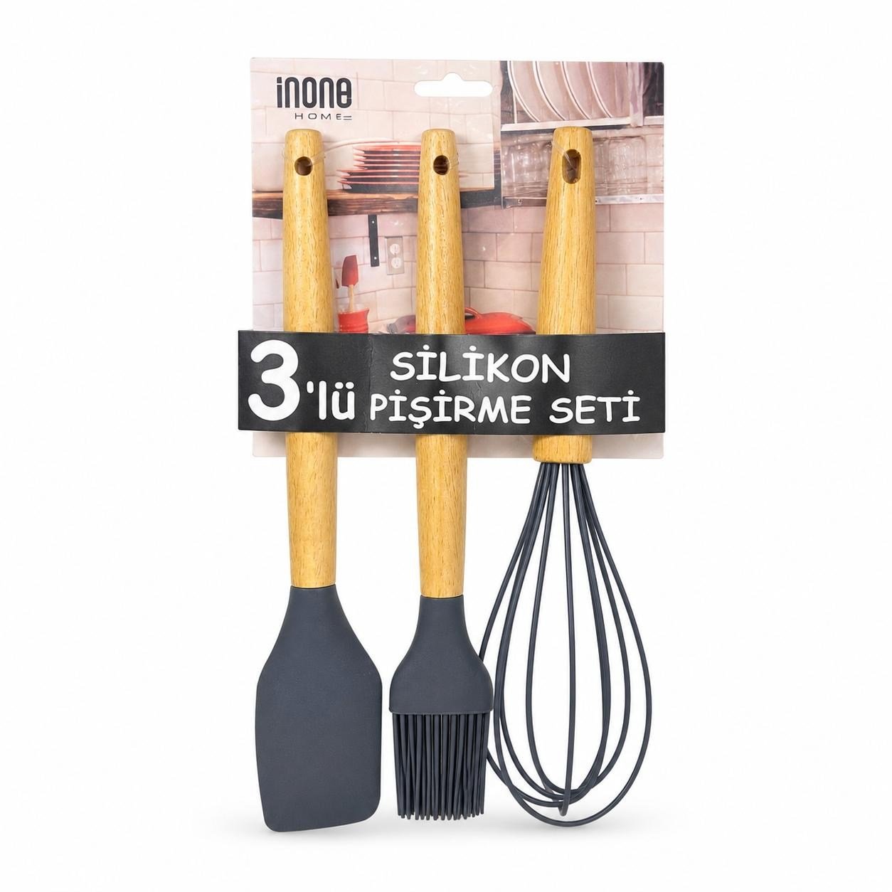 3LÜ PİŞİRME SETİ AHŞAP SAPLI SİLİKON