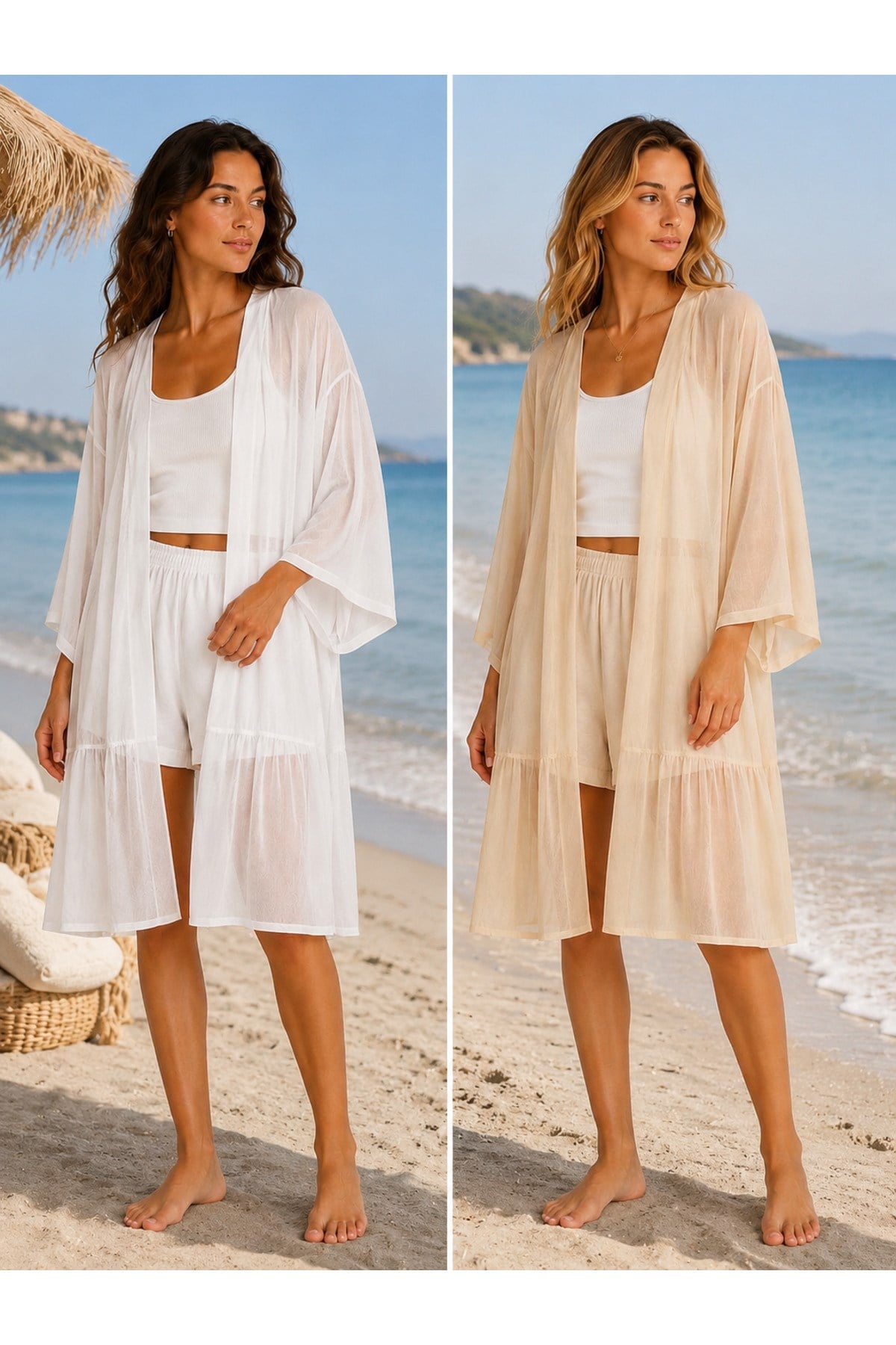 Kadın İtalyan İpek Pareo – Plaj & Deniz Üstü Kimono – Beyaz / Krem