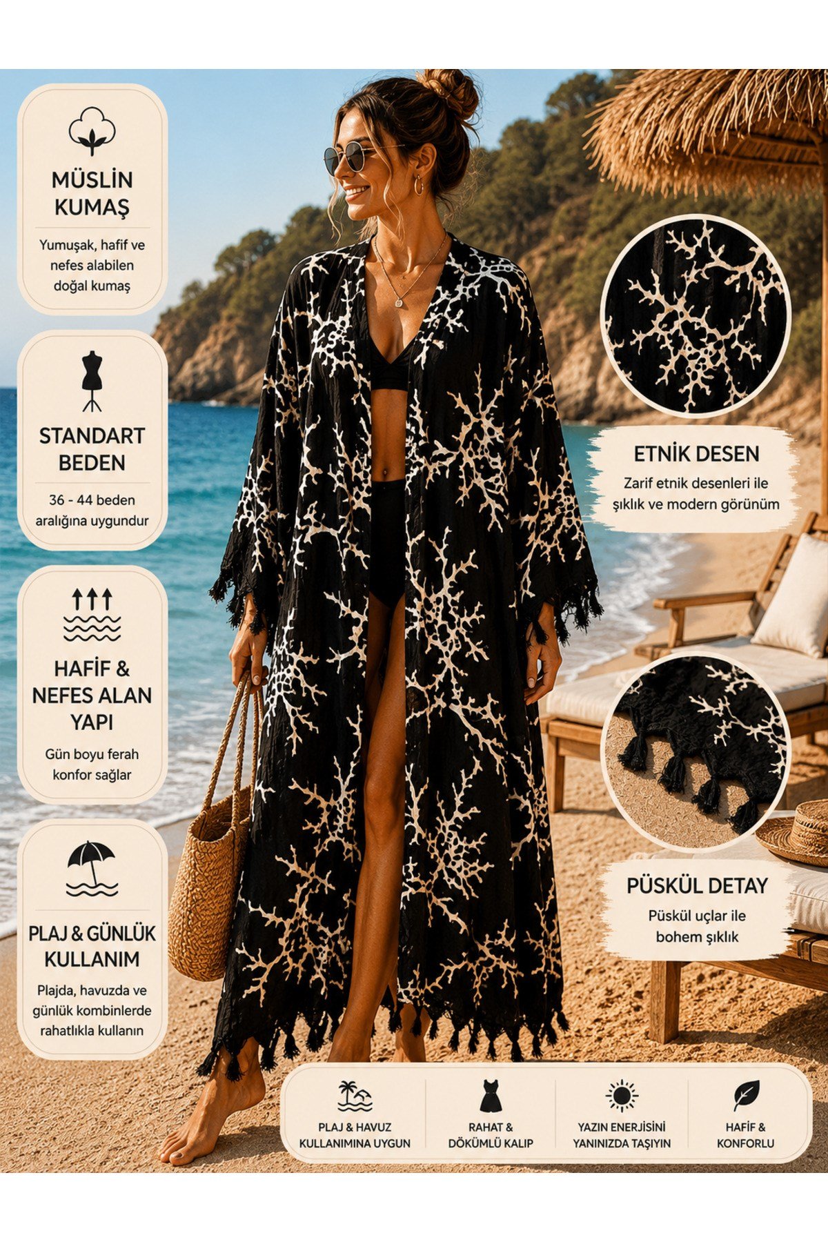 Siyah Mercan Desenli Uzun Müslin Kimono Pareo Kadın Plaj Kaftanı