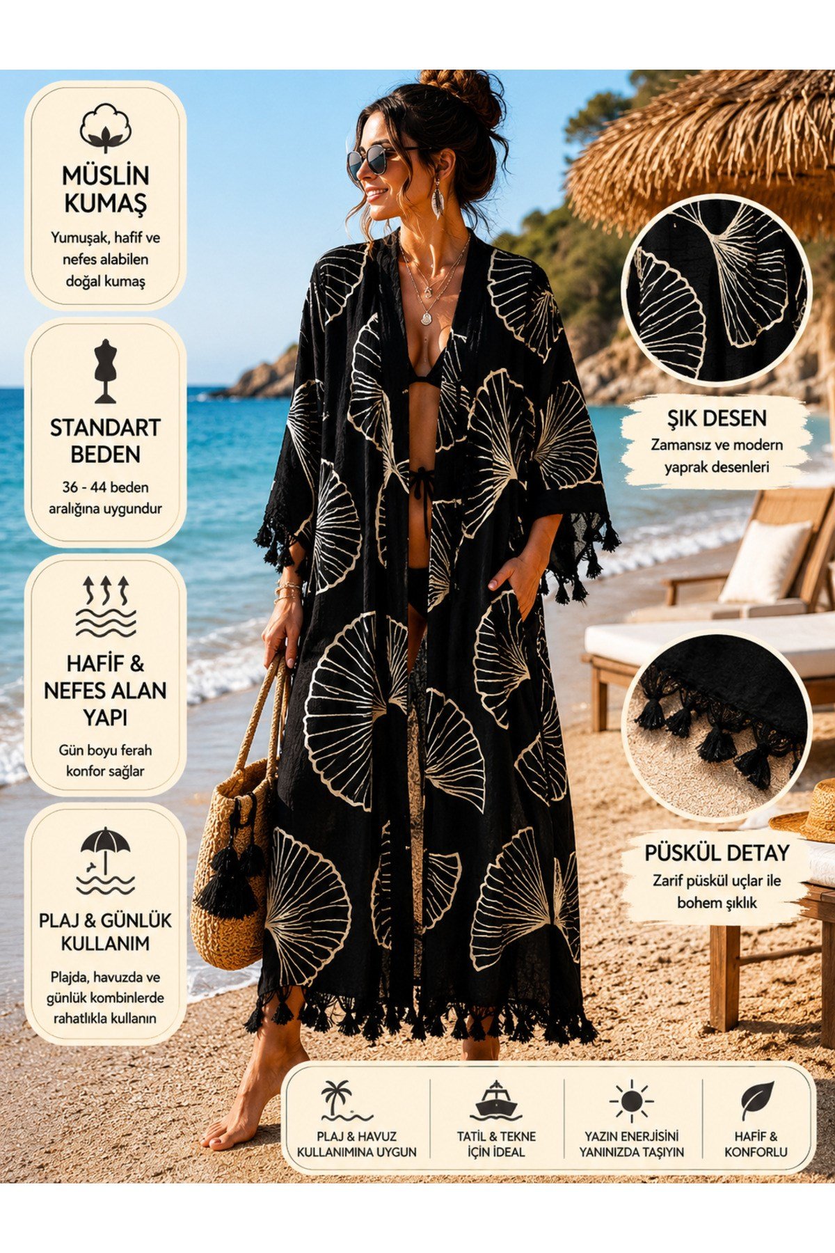 Yaprak Desenli Uzun Müslin Kimono Pareo Kadın Plaj Kaftanı Siyah