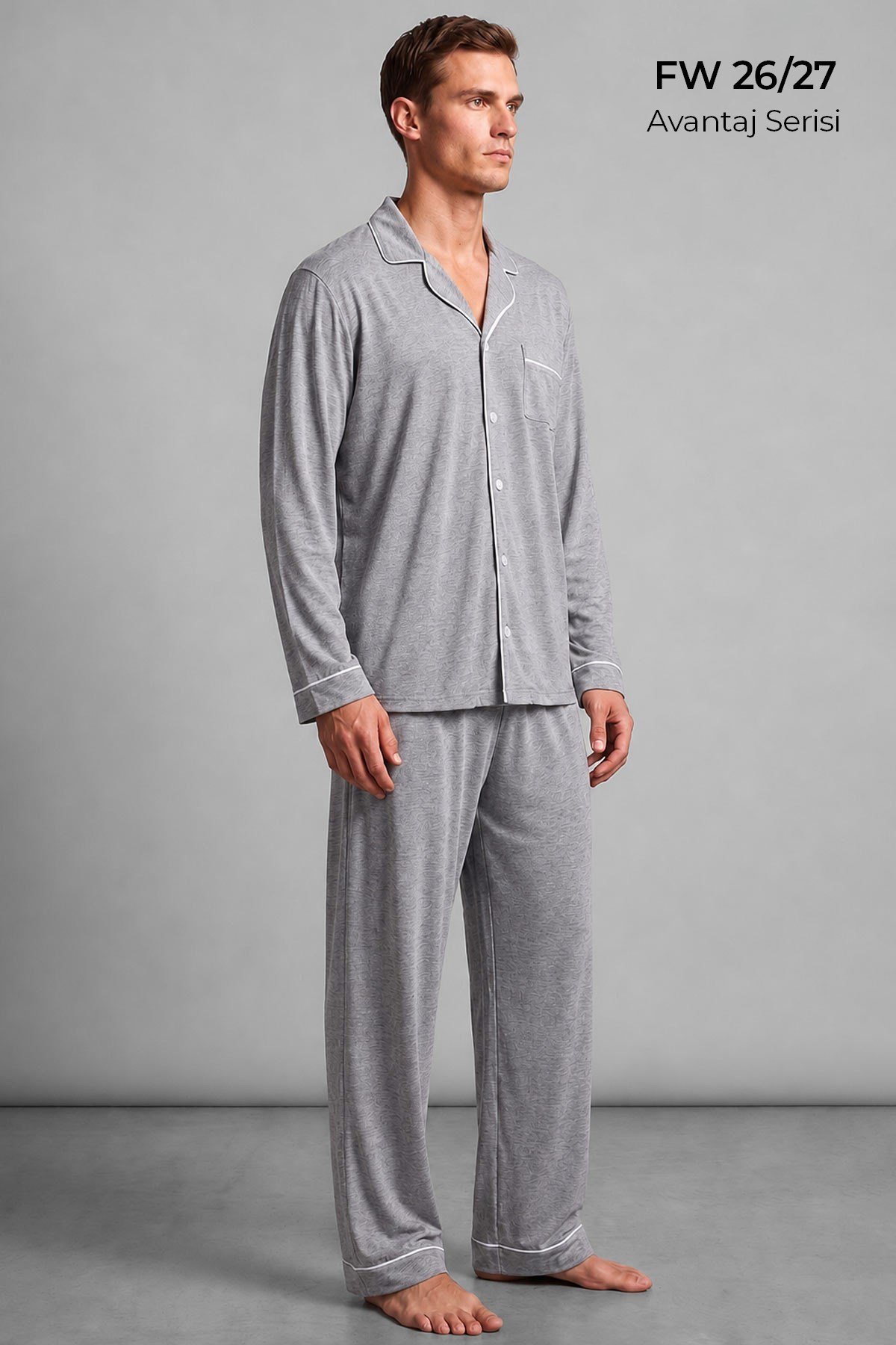 Mısırlı Erkek Gömlek Yaka Biye Detaylı Pijama Takım Gri Melanj
