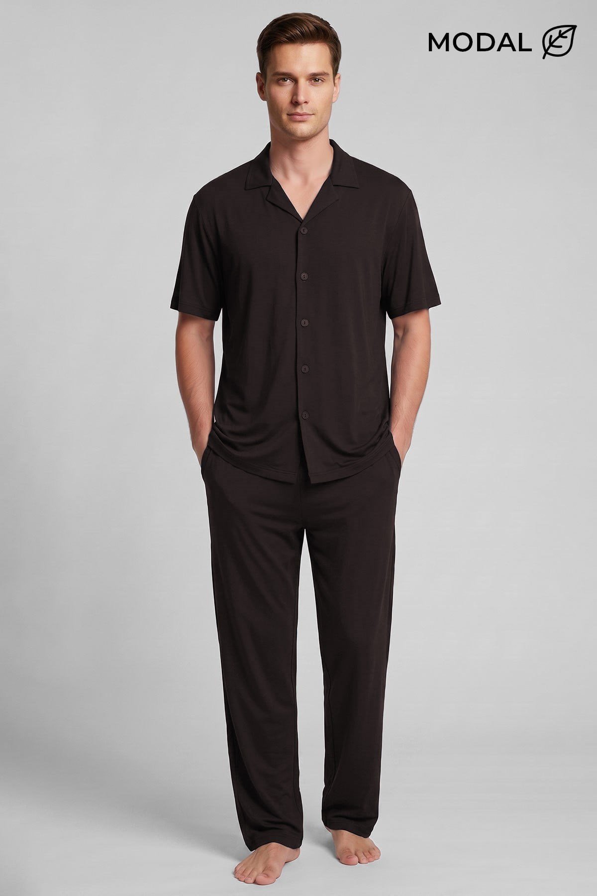 Mısırlı Erkek Modal Karışımlı Düğmeli Pijama Takım Koyu Kahverengi