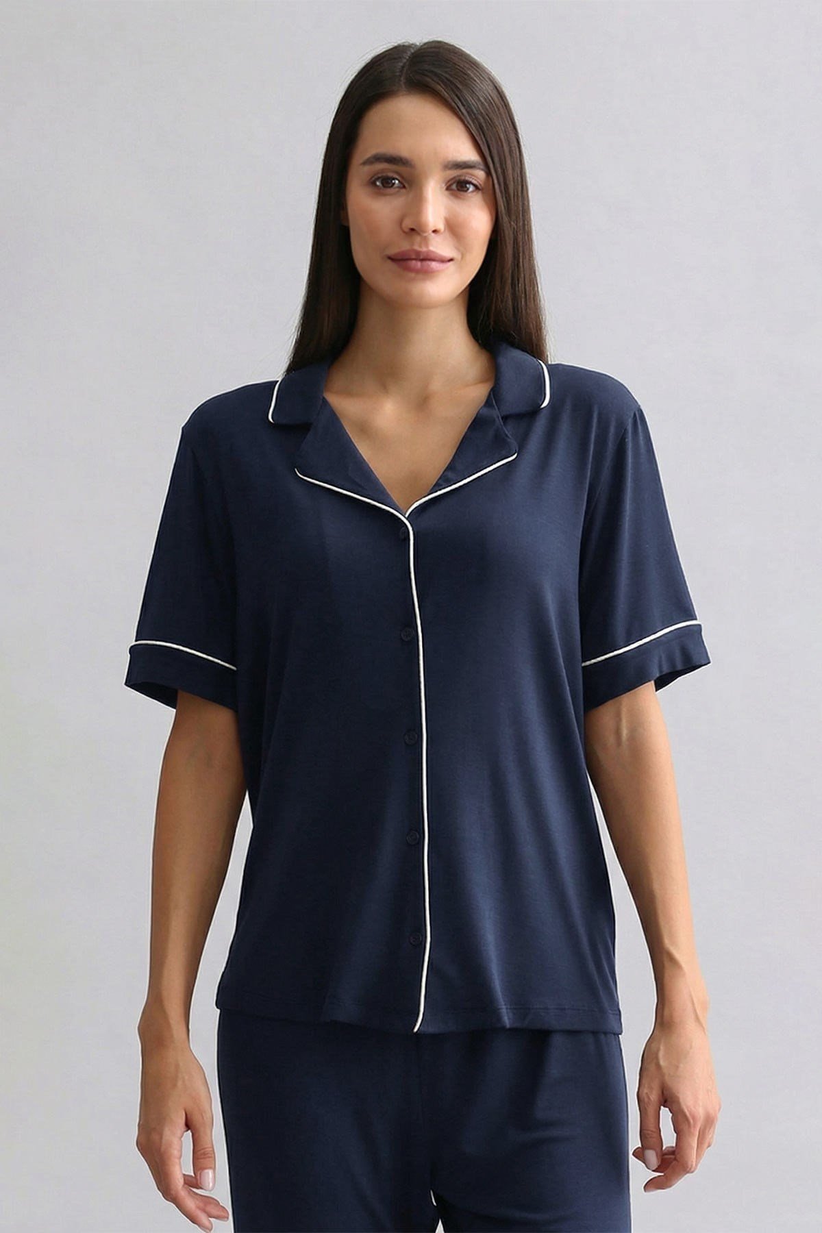 Mısırlı Kadın Bambu Kısa Kol Pijama Üst Lacivert