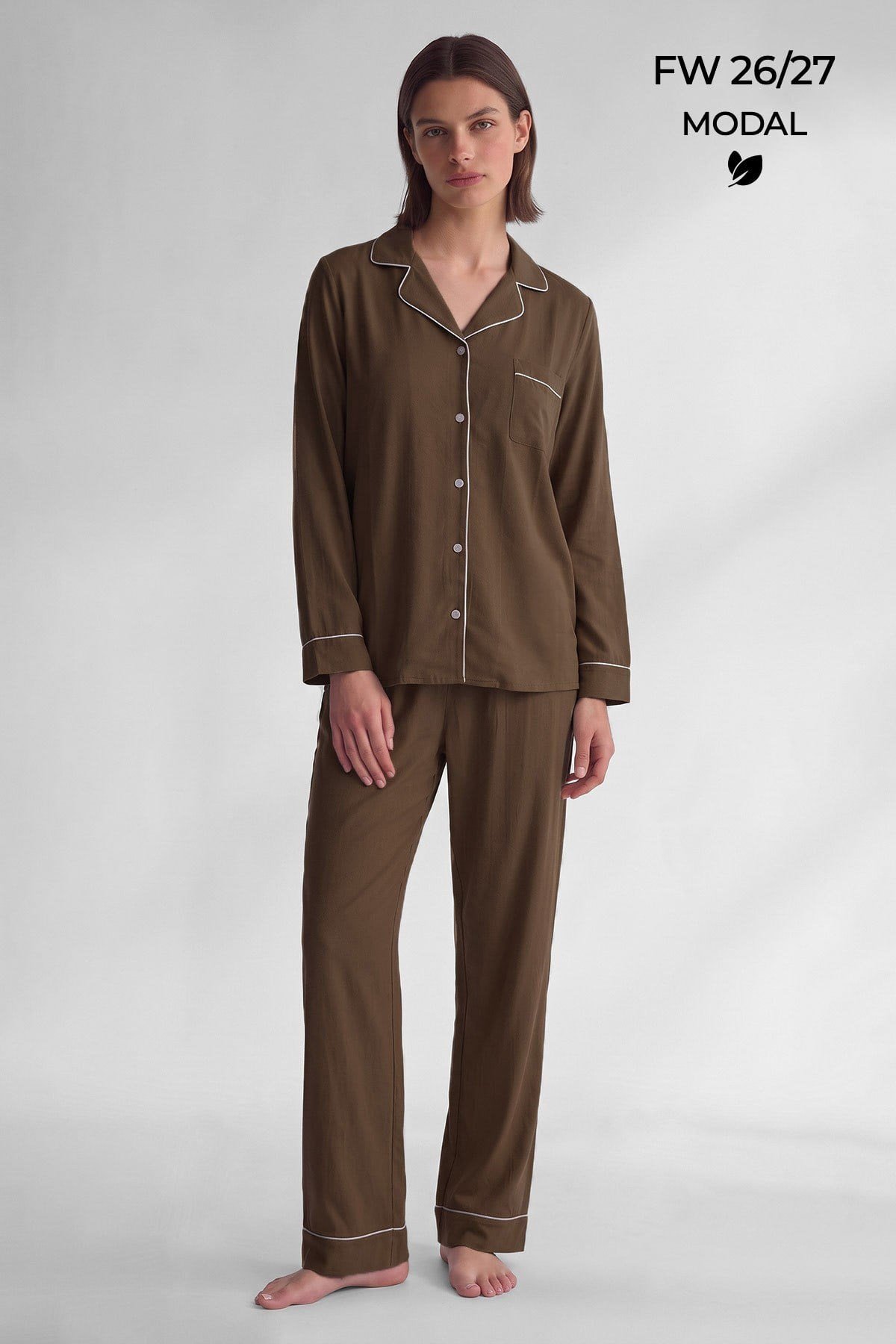 Mısırlı Kadın Modal Biye Detaylı Pijama Takım Kahverengi
