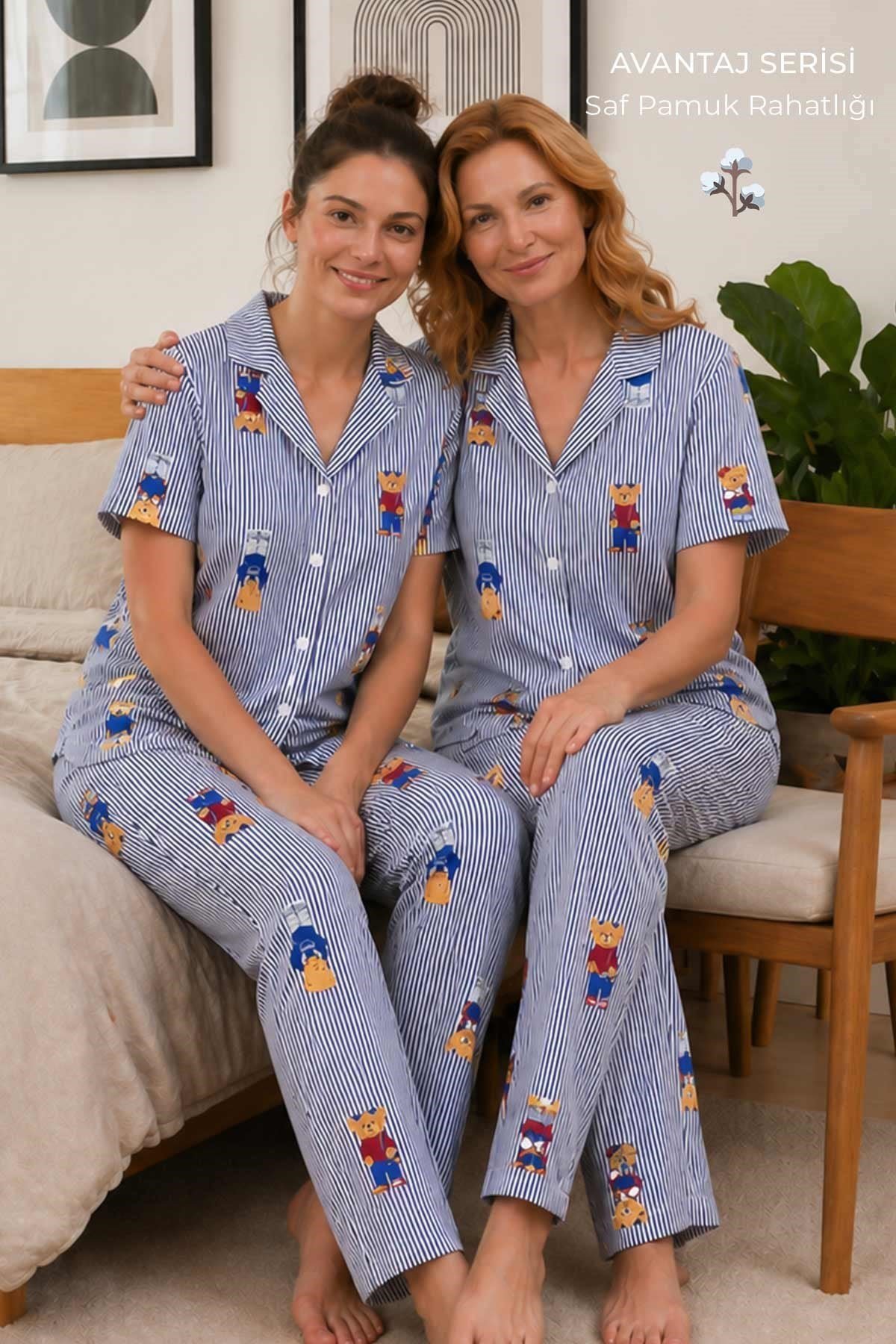 Mısırlı Kadın Pamuk Kısa Kollu Gömlek Pijama Takım Lacivert