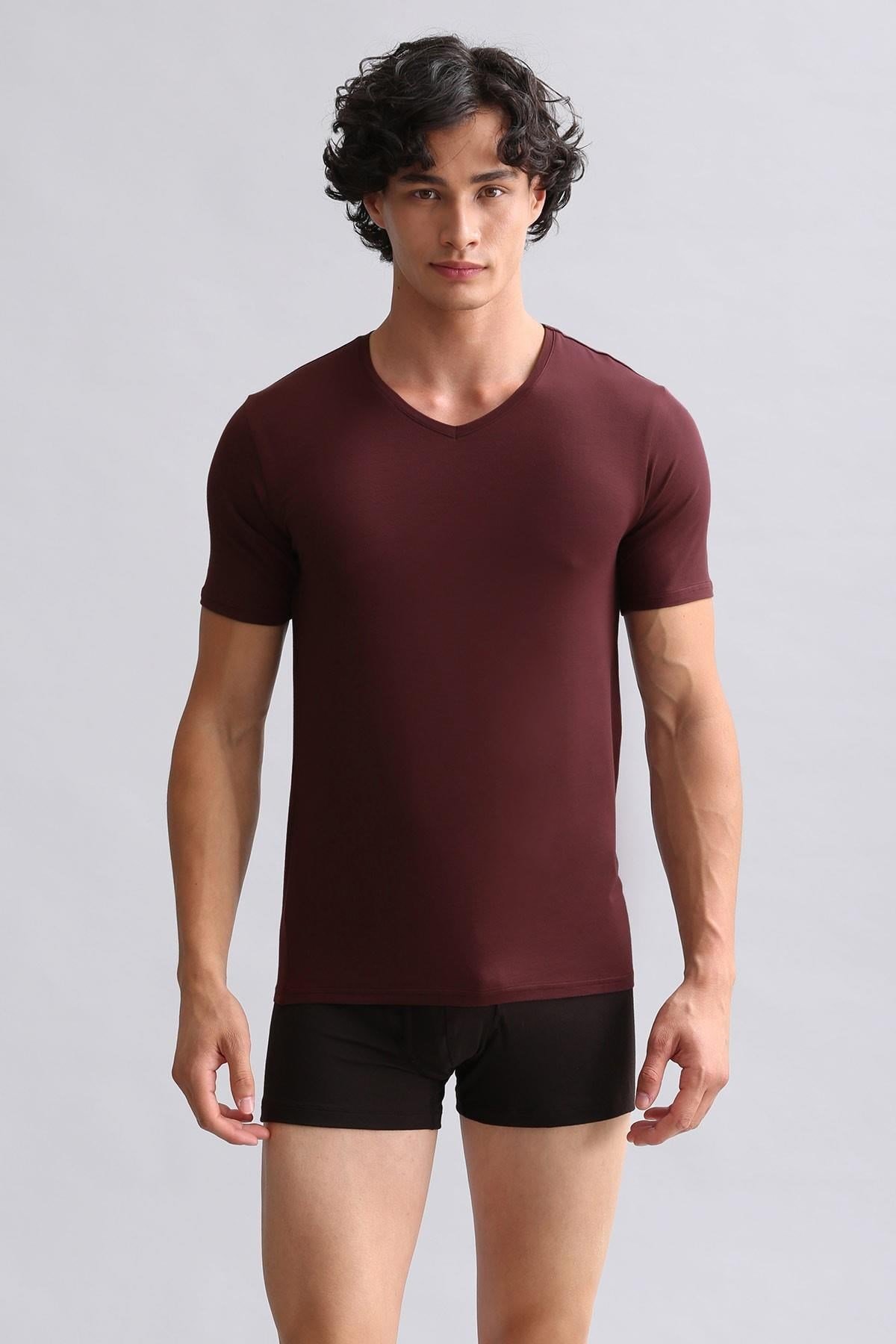 Mısırlı Modal By TENCEL HERCULES Slim Fit V Yaka Fanila / T-Shirt Bordo