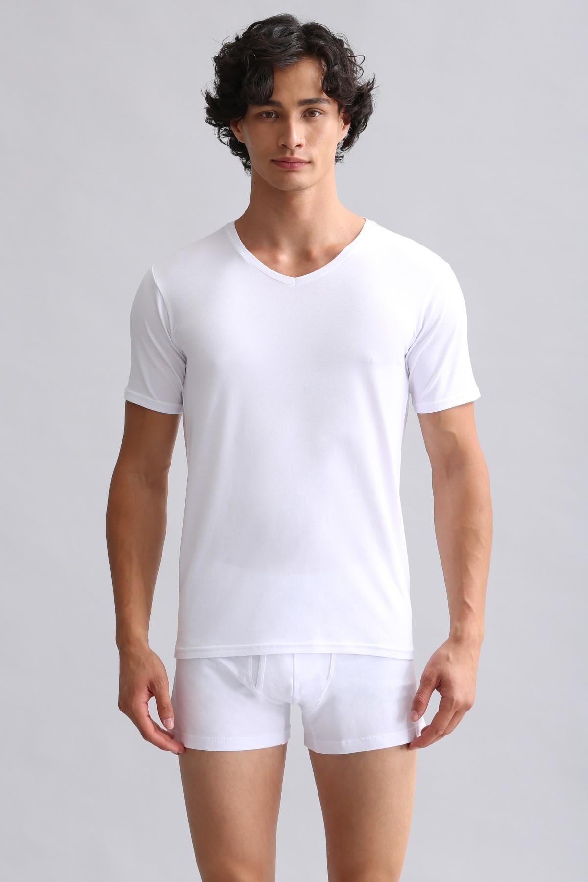 Mısırlı Modal By TENCEL HERCULES Slim Fit V Yaka Fanila / T-Shirt Beyaz