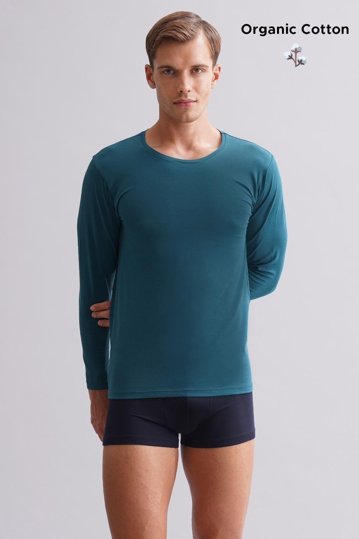 ORGANIC Pamuklu HERCULES Slim Fit Bisiklet Yaka Uzun Kollu Erkek Fanila Fit Green