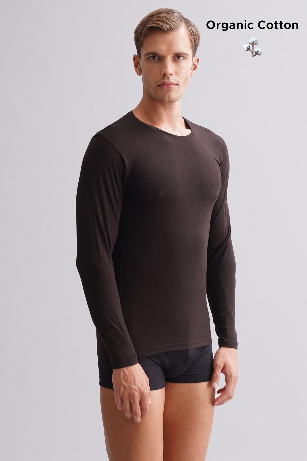 ORGANIC Pamuklu HERCULES Slim Fit Bisiklet Yaka Uzun Kollu Erkek Fanila Kahverengi