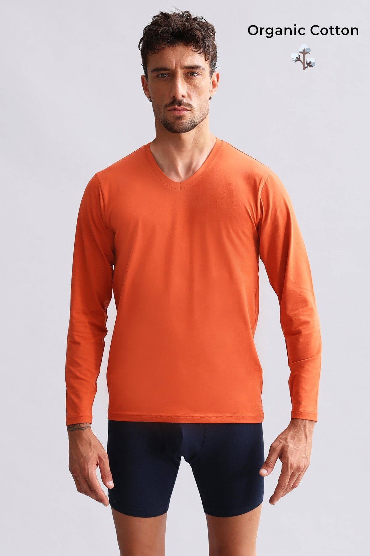 ORGANIC Pamuklu HERCULES Slim Fit V Yaka Uzun Kollu Erkek Fanila Pas Kırmızısı
