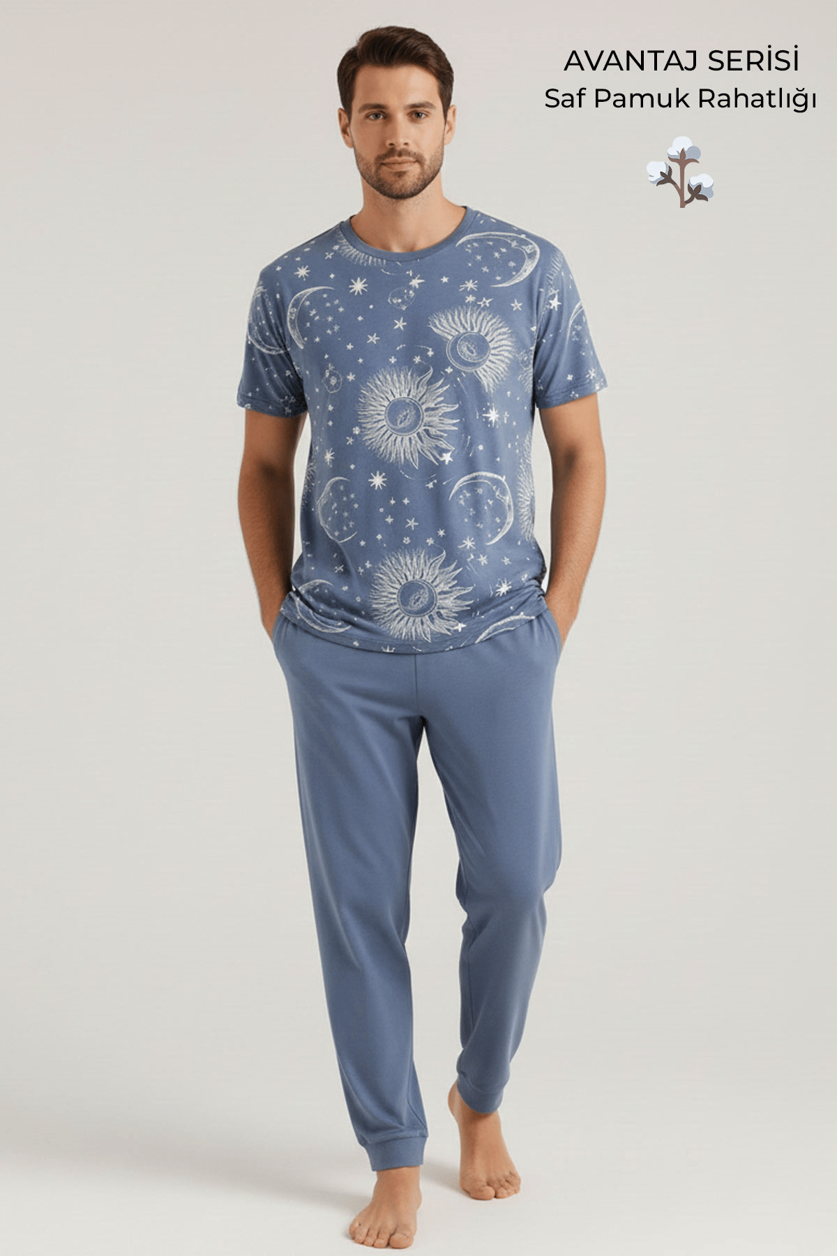 Pamuklu Kısa Kollu Pijama Takım İndigo