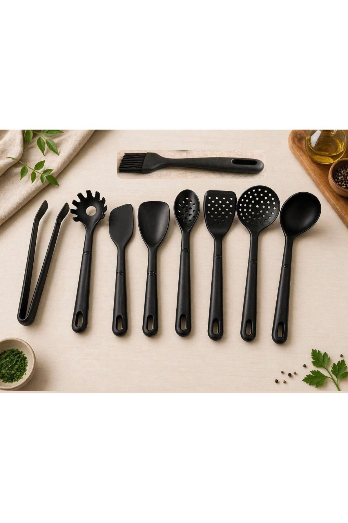 9 Parça Silikon Spatula Fırça Kaşık Kevgir Kepçe Makarna Kaşığı Servis Seti Siyah