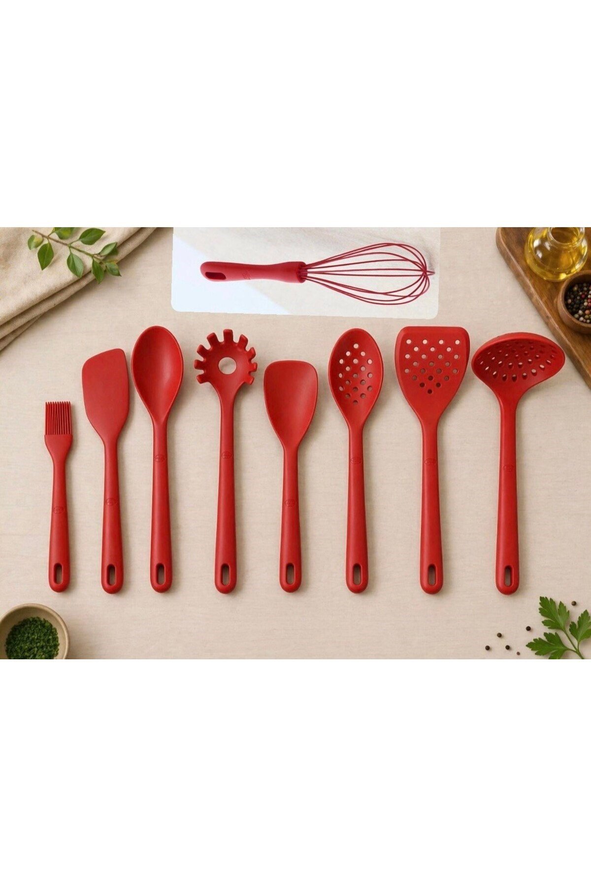 9 Parça Silikon Spatula Fırça Kaşık Kevgir Çırpıcı Makarna Kaşığı Servis Seti Kırmızı